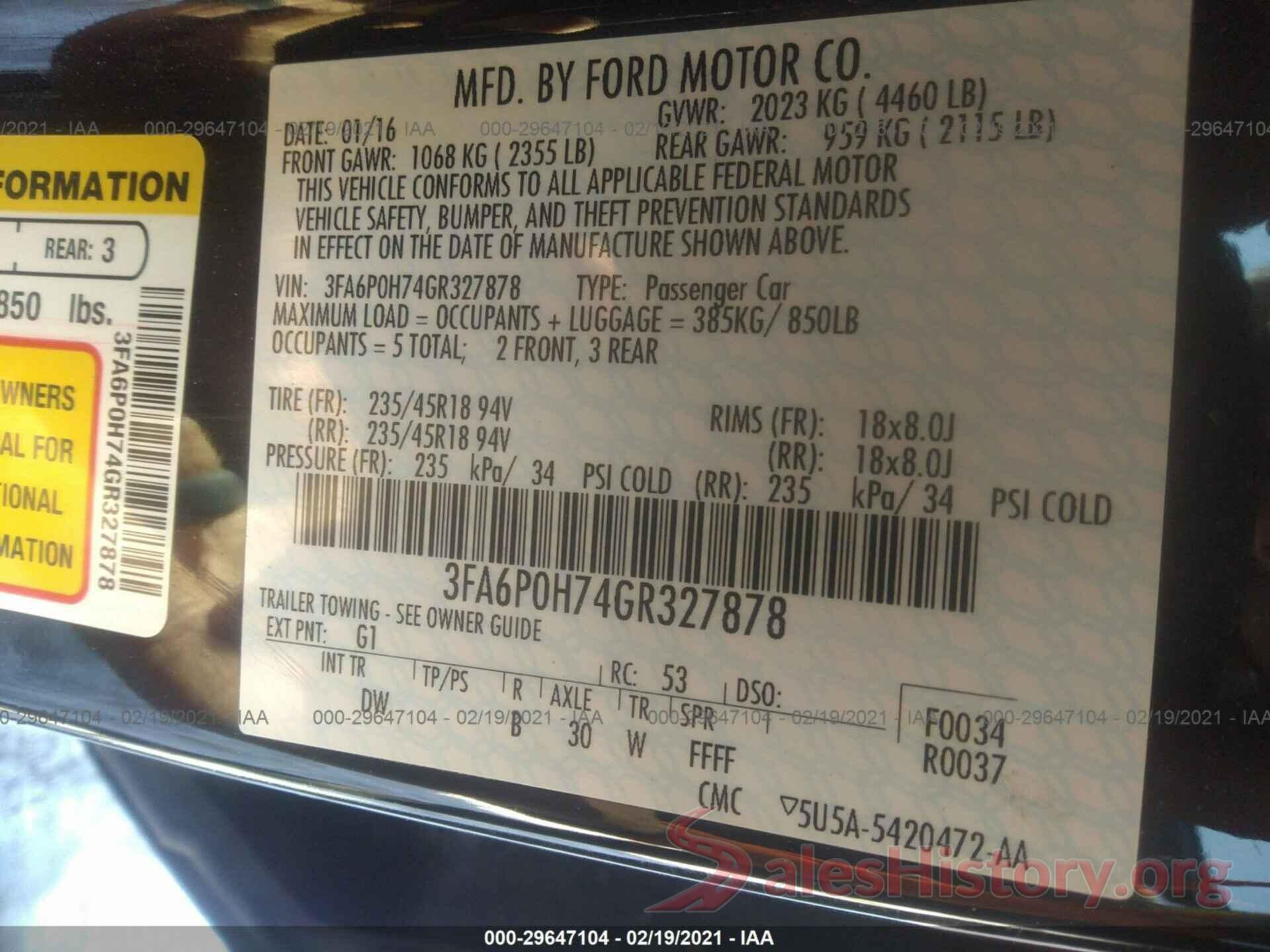 3FA6P0H74GR327878 2016 FORD FUSION