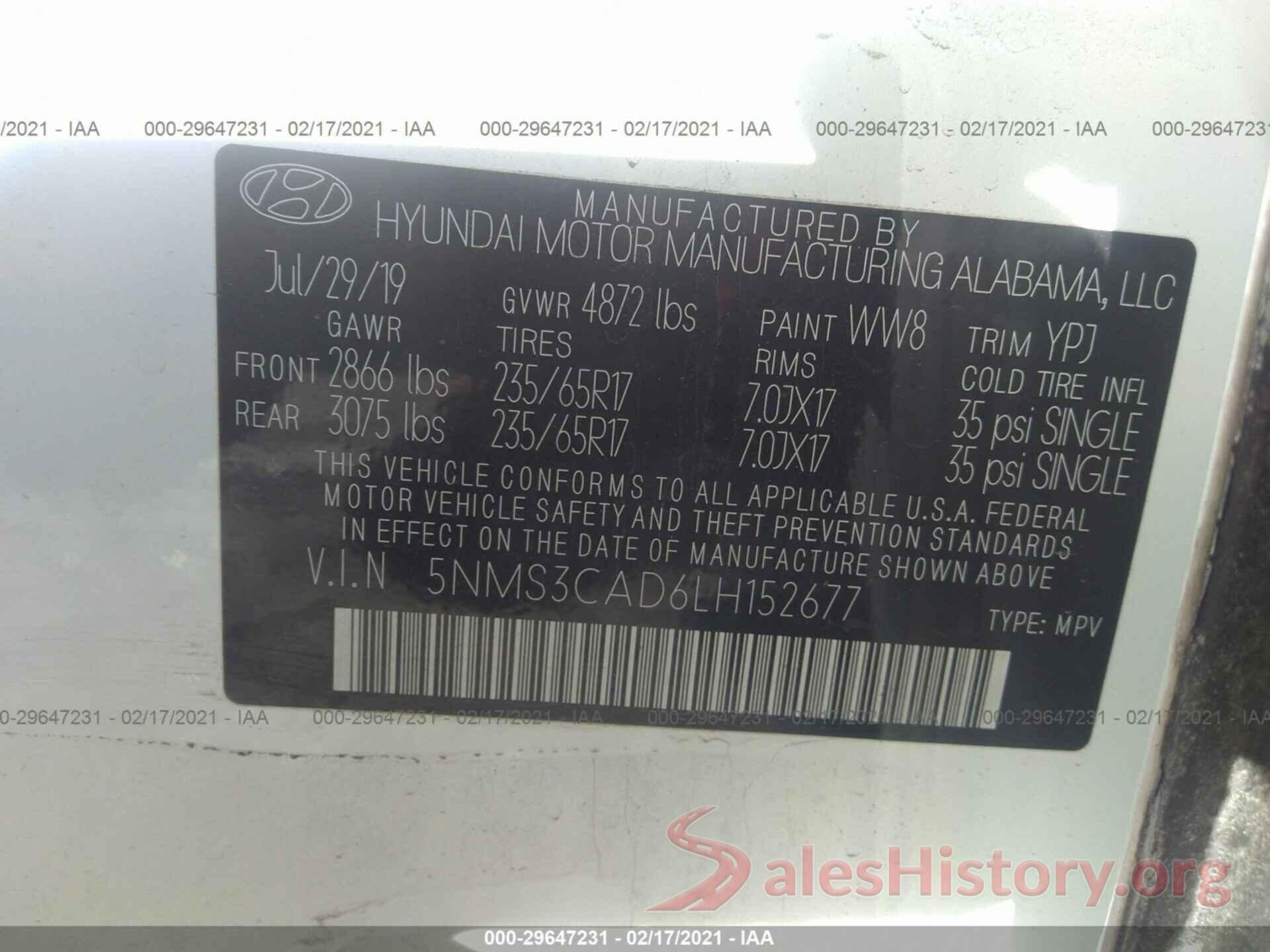 5NMS3CAD6LH152677 2020 HYUNDAI SANTA FE