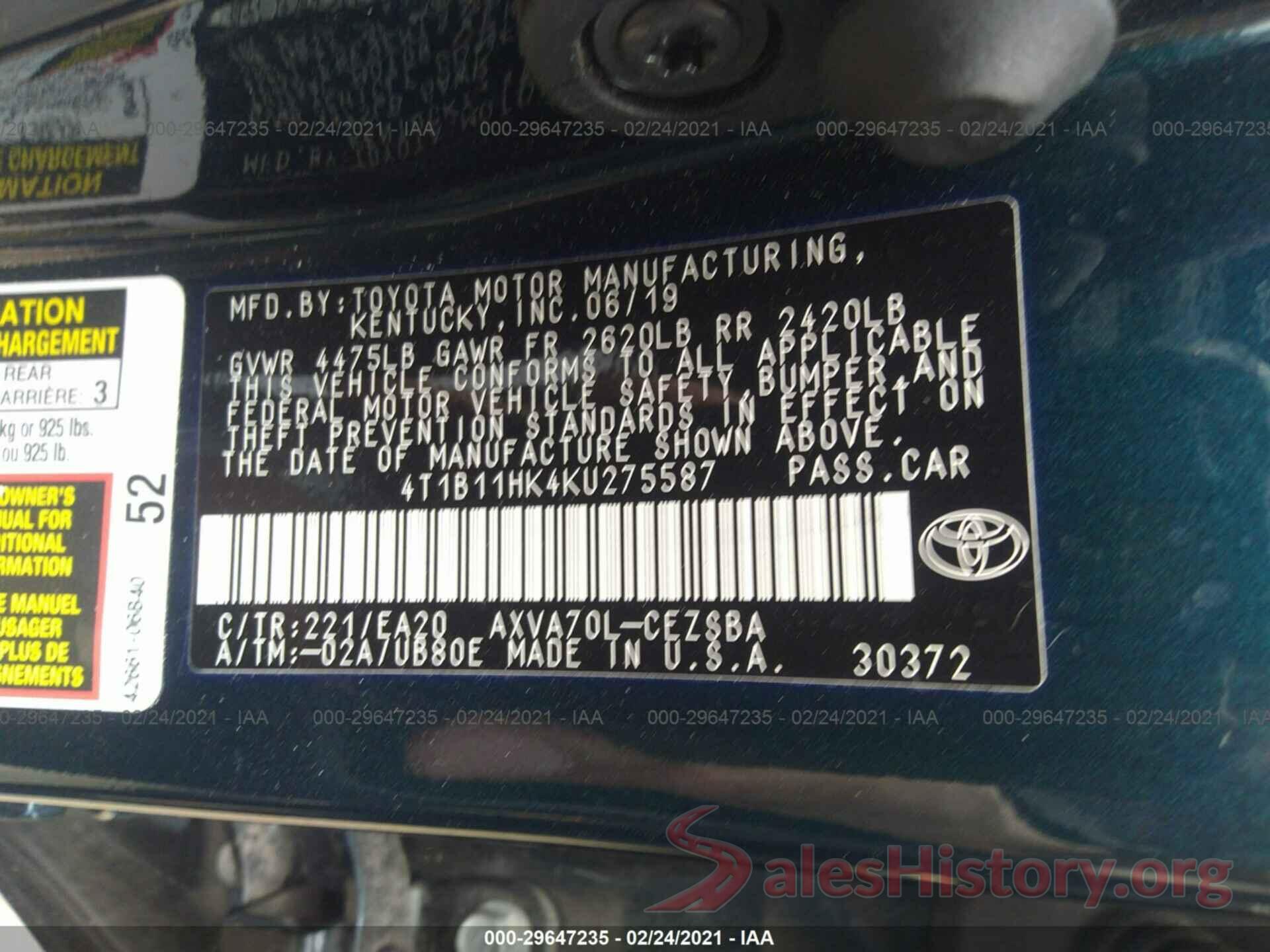 4T1B11HK4KU275587 2019 TOYOTA CAMRY