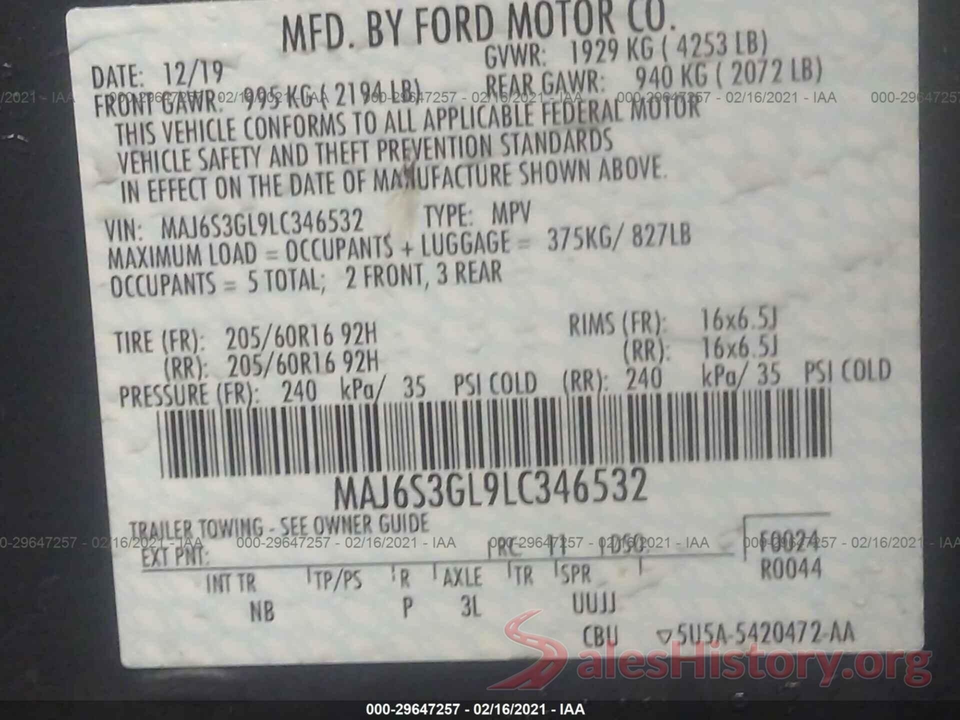 MAJ6S3GL9LC346532 2020 FORD ECOSPORT