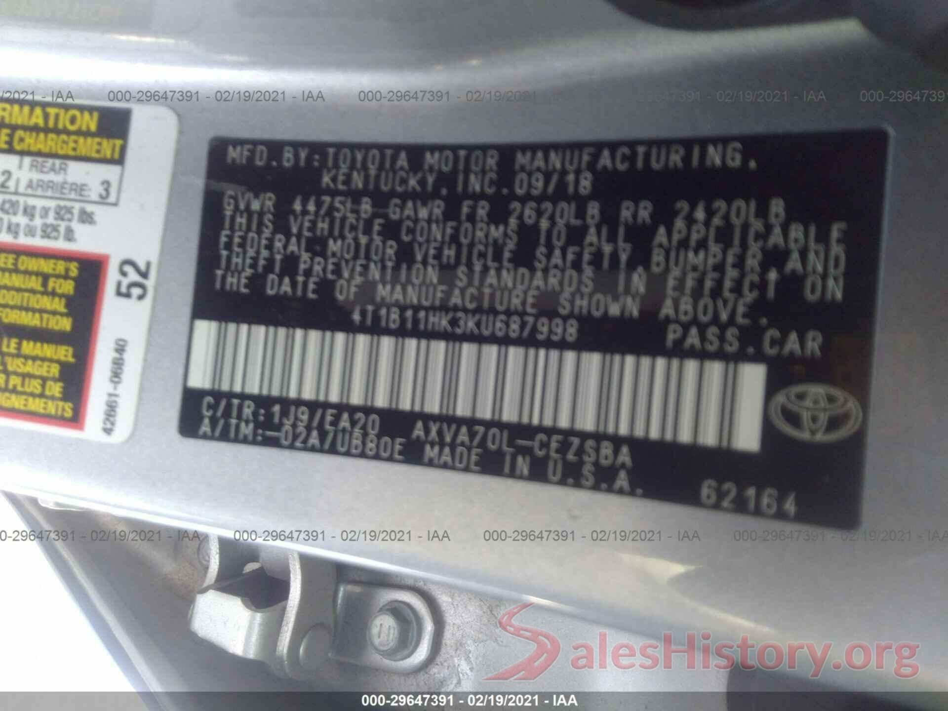 4T1B11HK3KU687998 2019 TOYOTA CAMRY