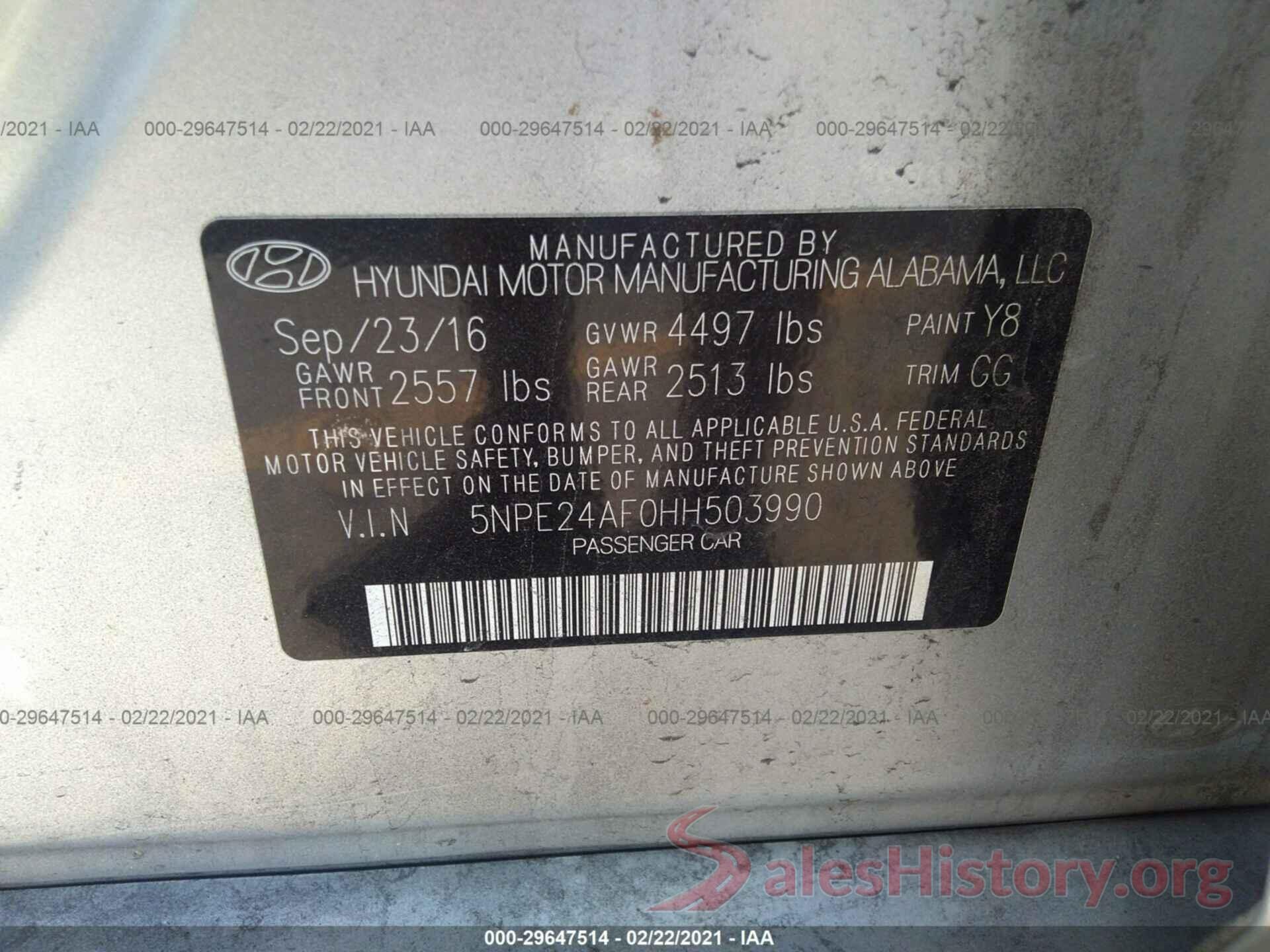 5NPE24AF0HH503990 2017 HYUNDAI SONATA