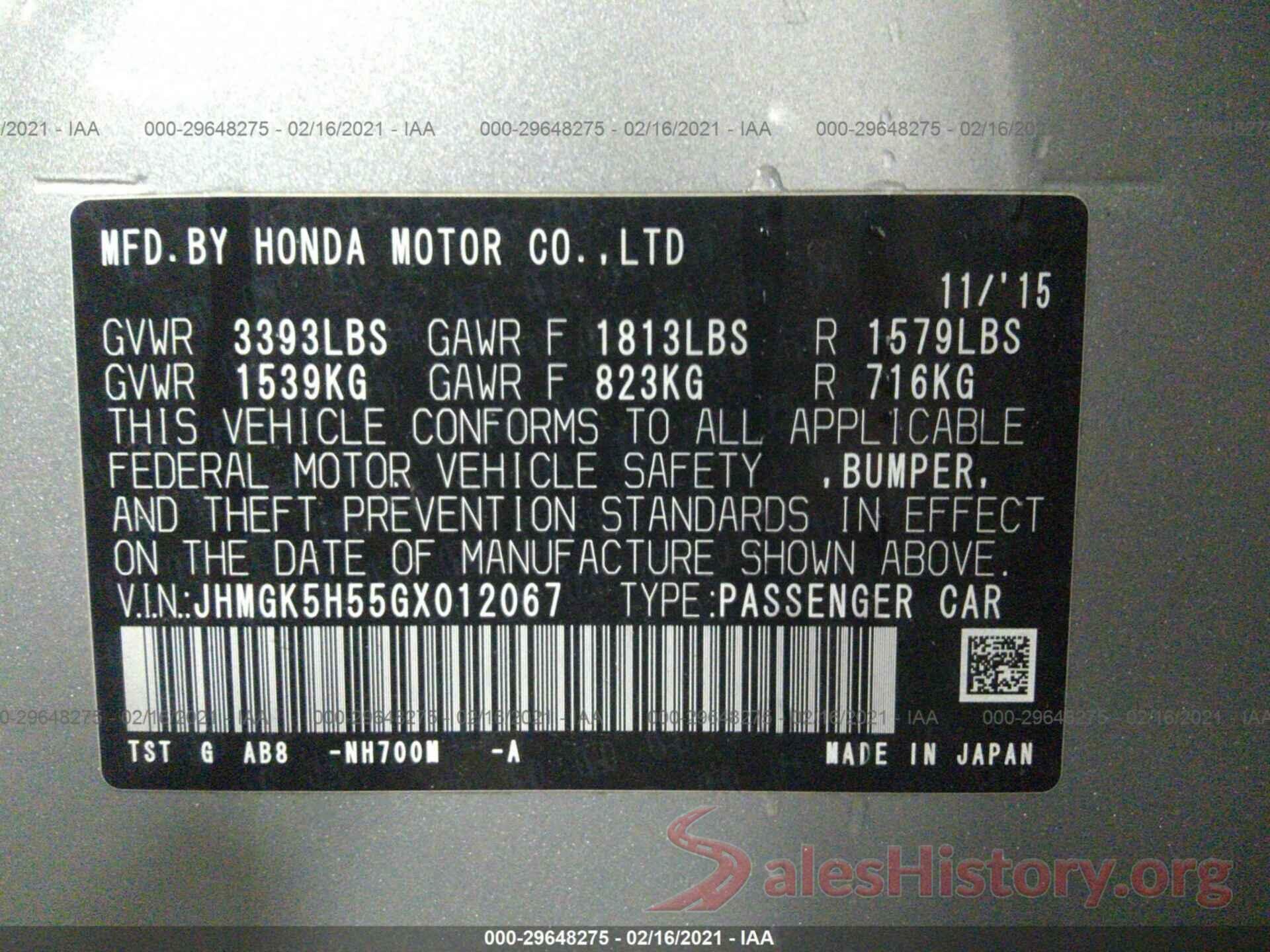 JHMGK5H55GX012067 2016 HONDA FIT