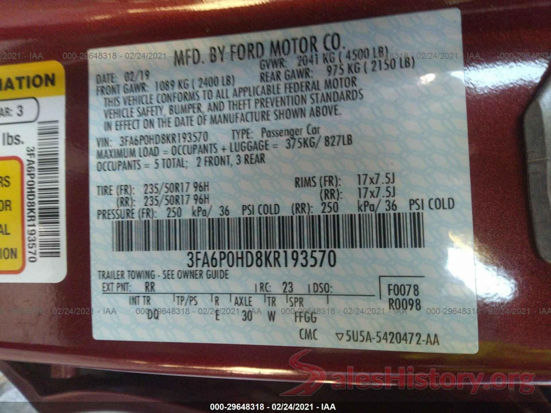 3FA6P0HD8KR193570 2019 FORD FUSION