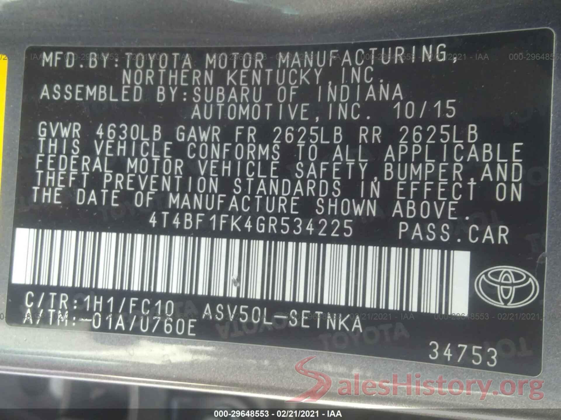 4T4BF1FK4GR534225 2016 TOYOTA CAMRY