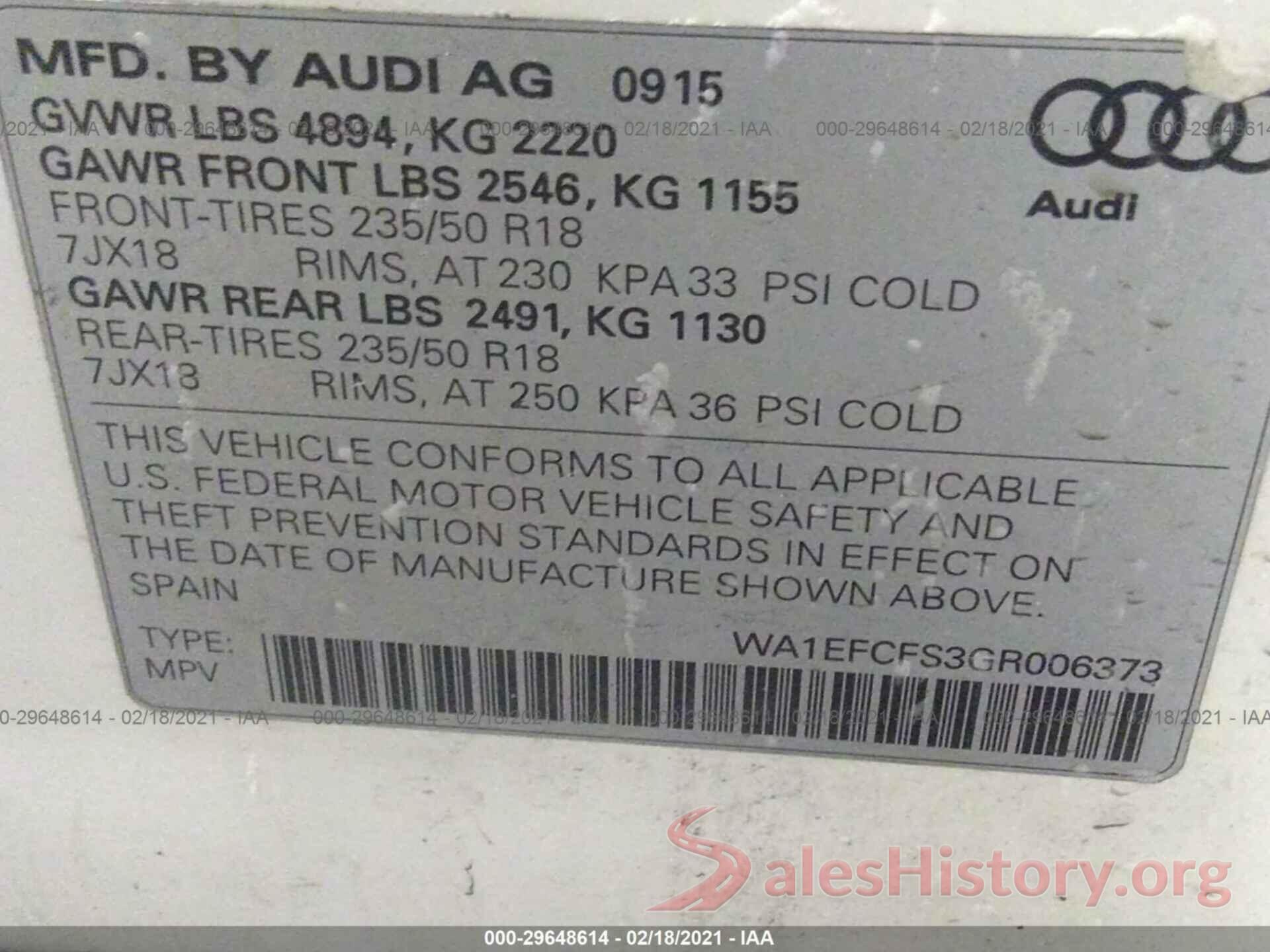 WA1EFCFS3GR006373 2016 AUDI Q3