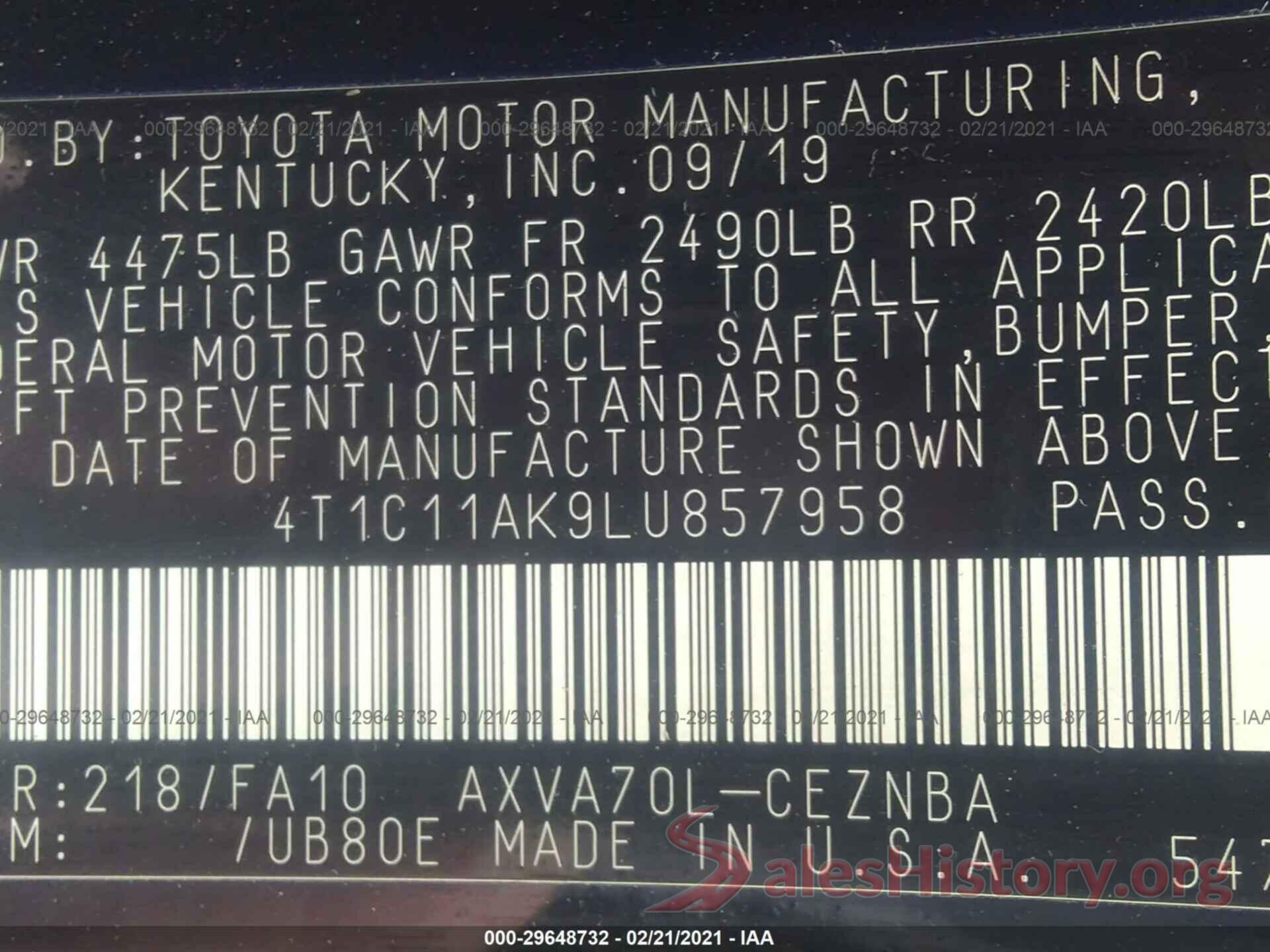 4T1C11AK9LU857958 2020 TOYOTA CAMRY