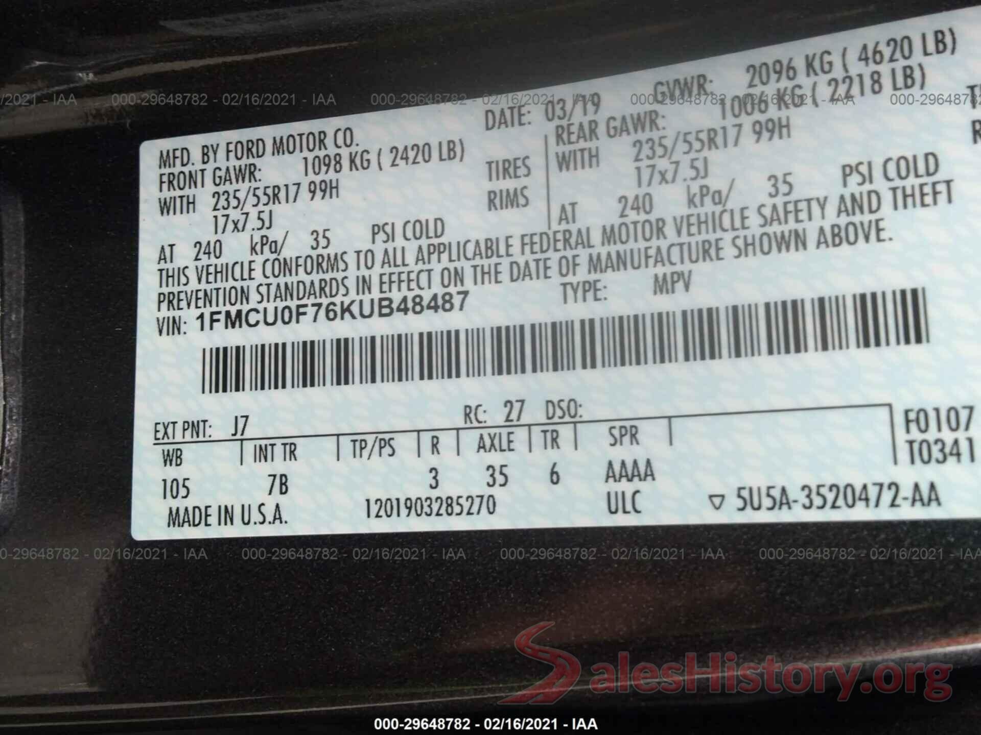 1FMCU0F76KUB48487 2019 FORD ESCAPE