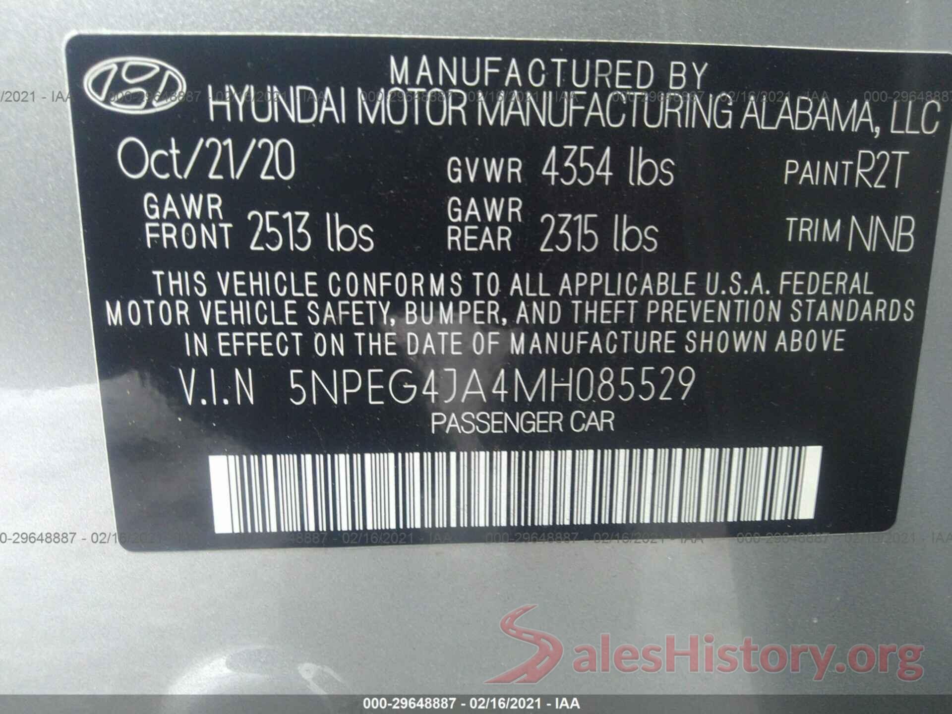 5NPEG4JA4MH085529 2021 HYUNDAI SONATA