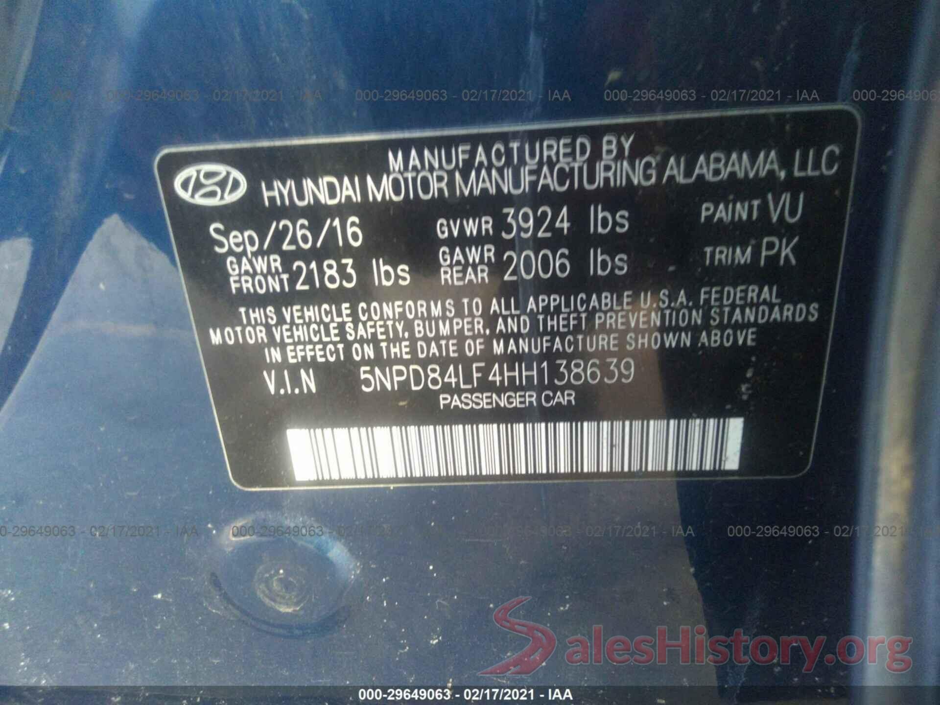 5NPD84LF4HH138639 2017 HYUNDAI ELANTRA