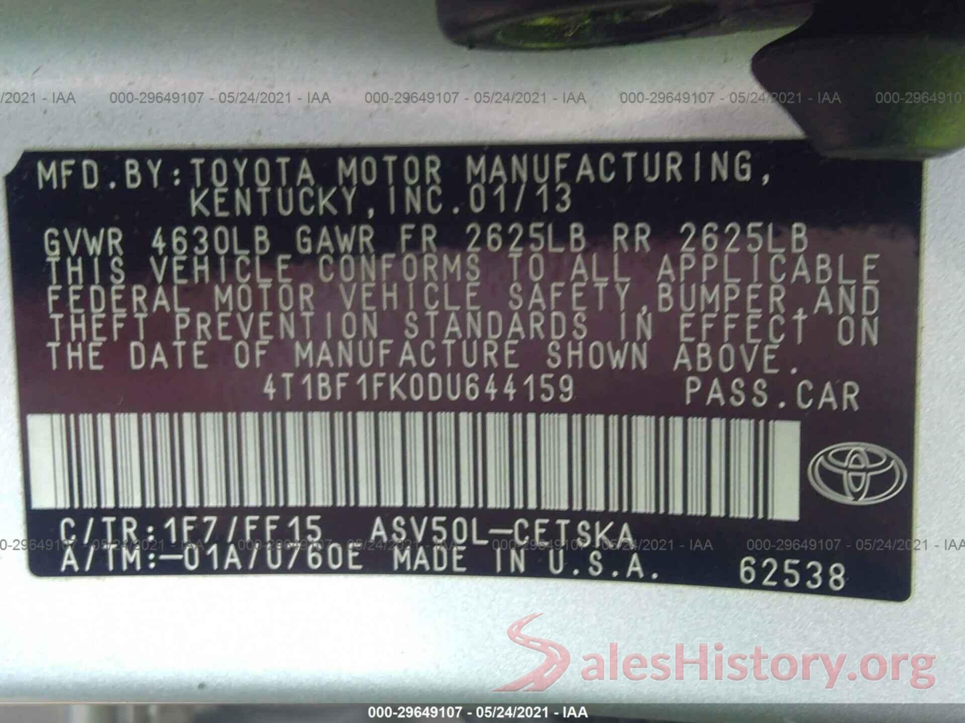 4T1BF1FK0DU644159 2013 TOYOTA CAMRY