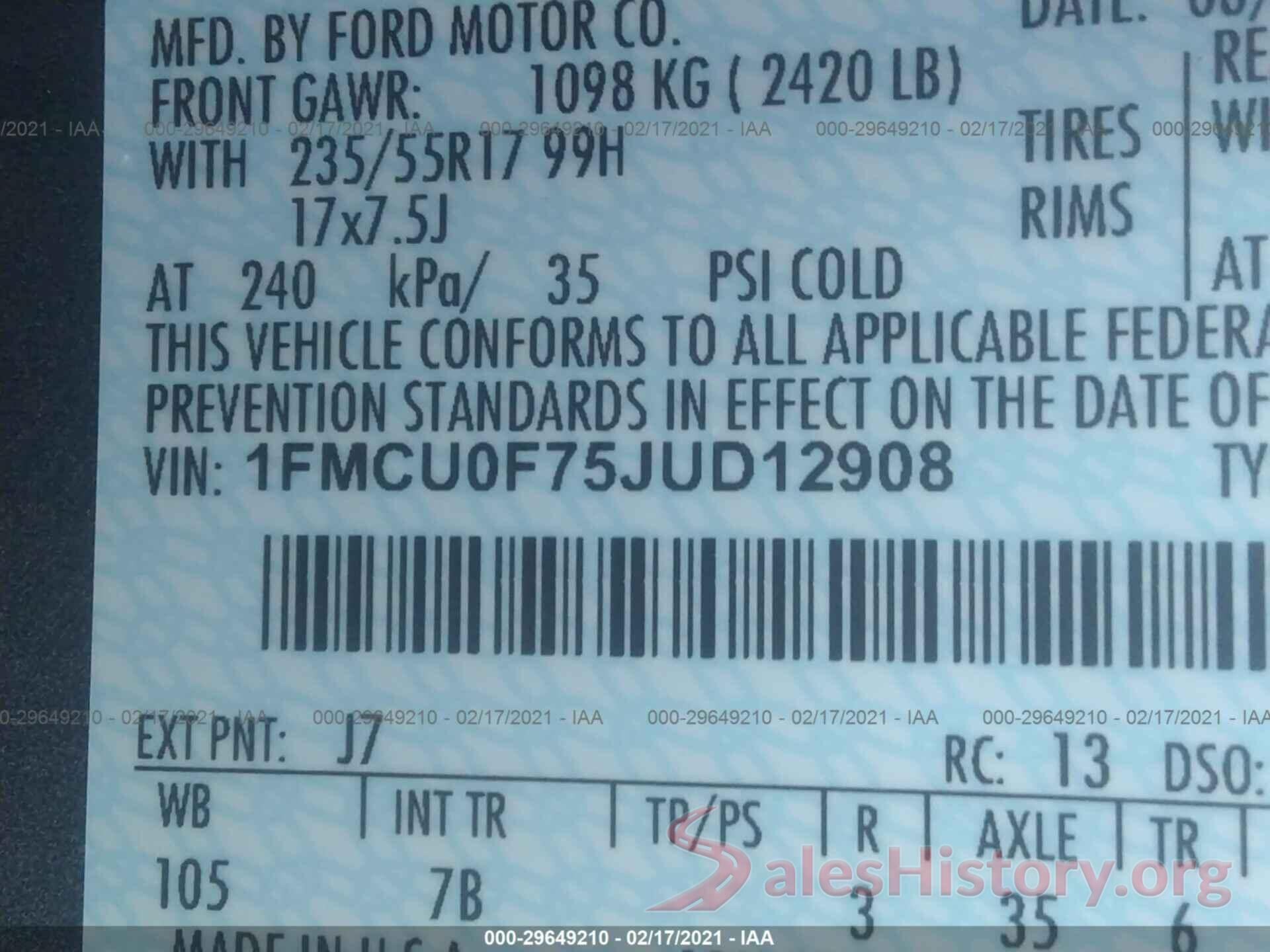 1FMCU0F75JUD12908 2018 FORD ESCAPE