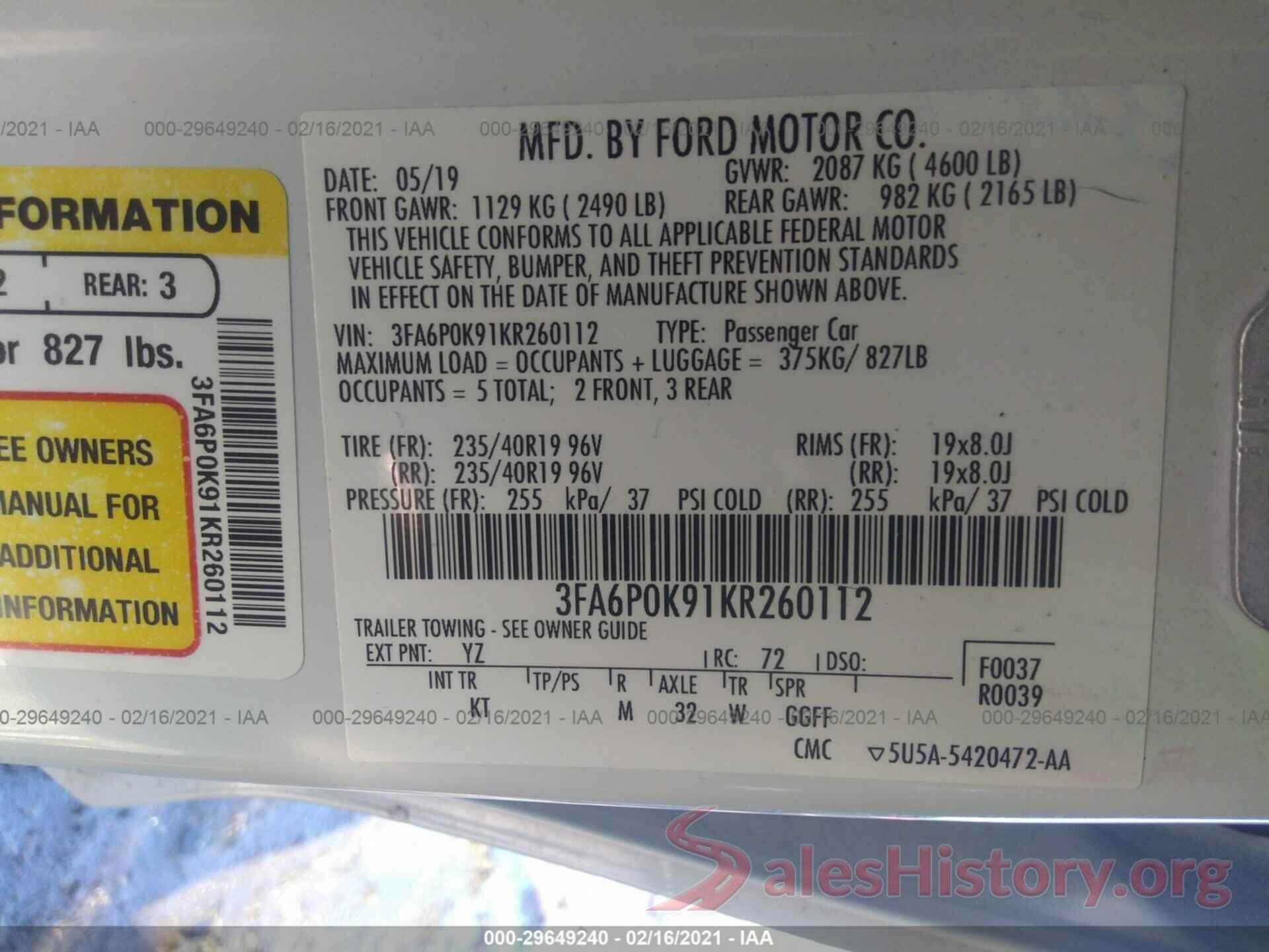 3FA6P0K91KR260112 2019 FORD FUSION