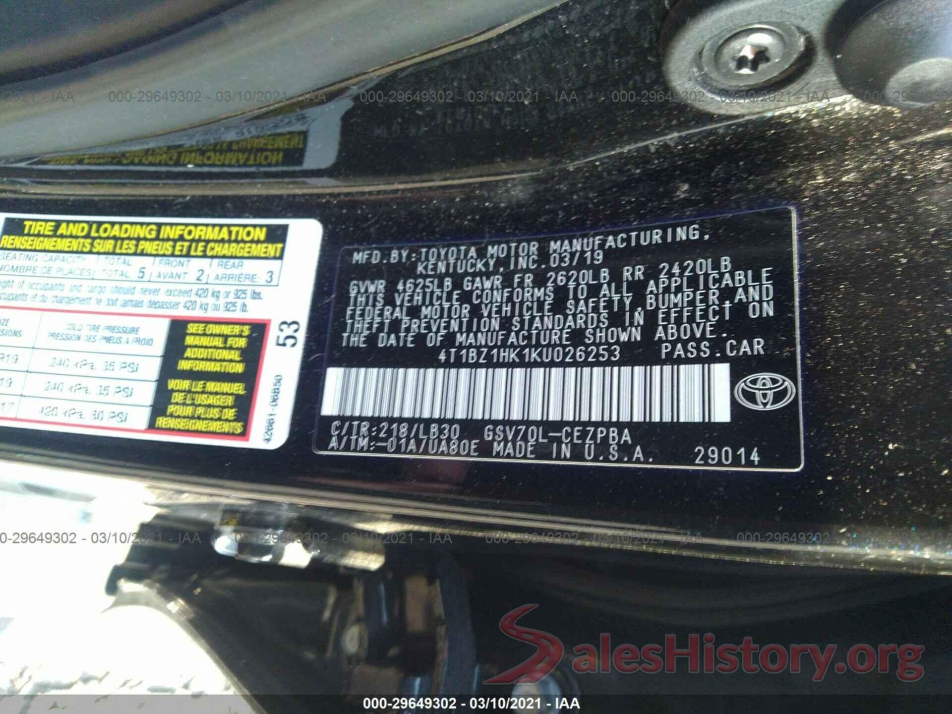 4T1BZ1HK1KU026253 2019 TOYOTA CAMRY