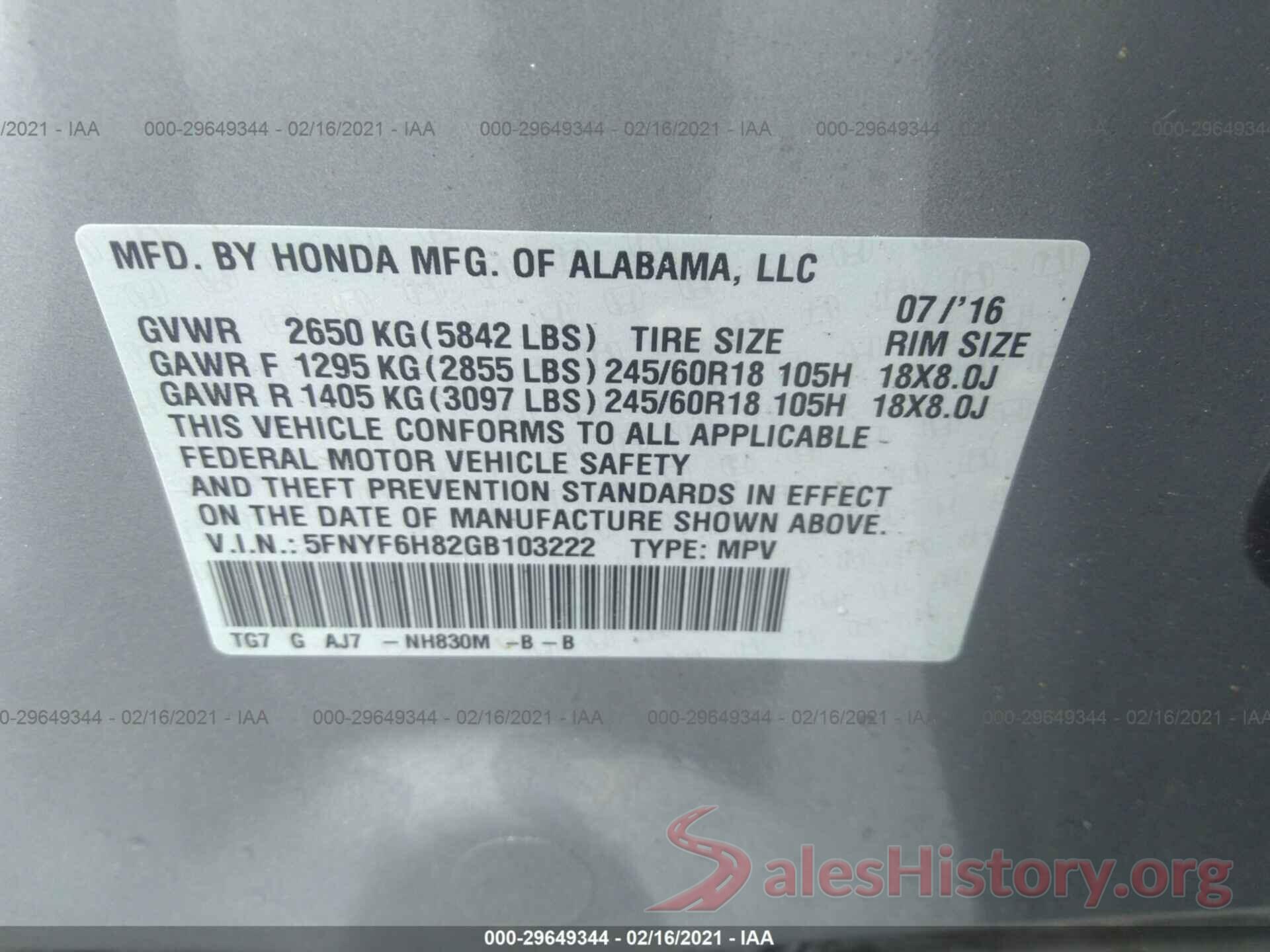 5FNYF6H82GB103222 2016 HONDA PILOT