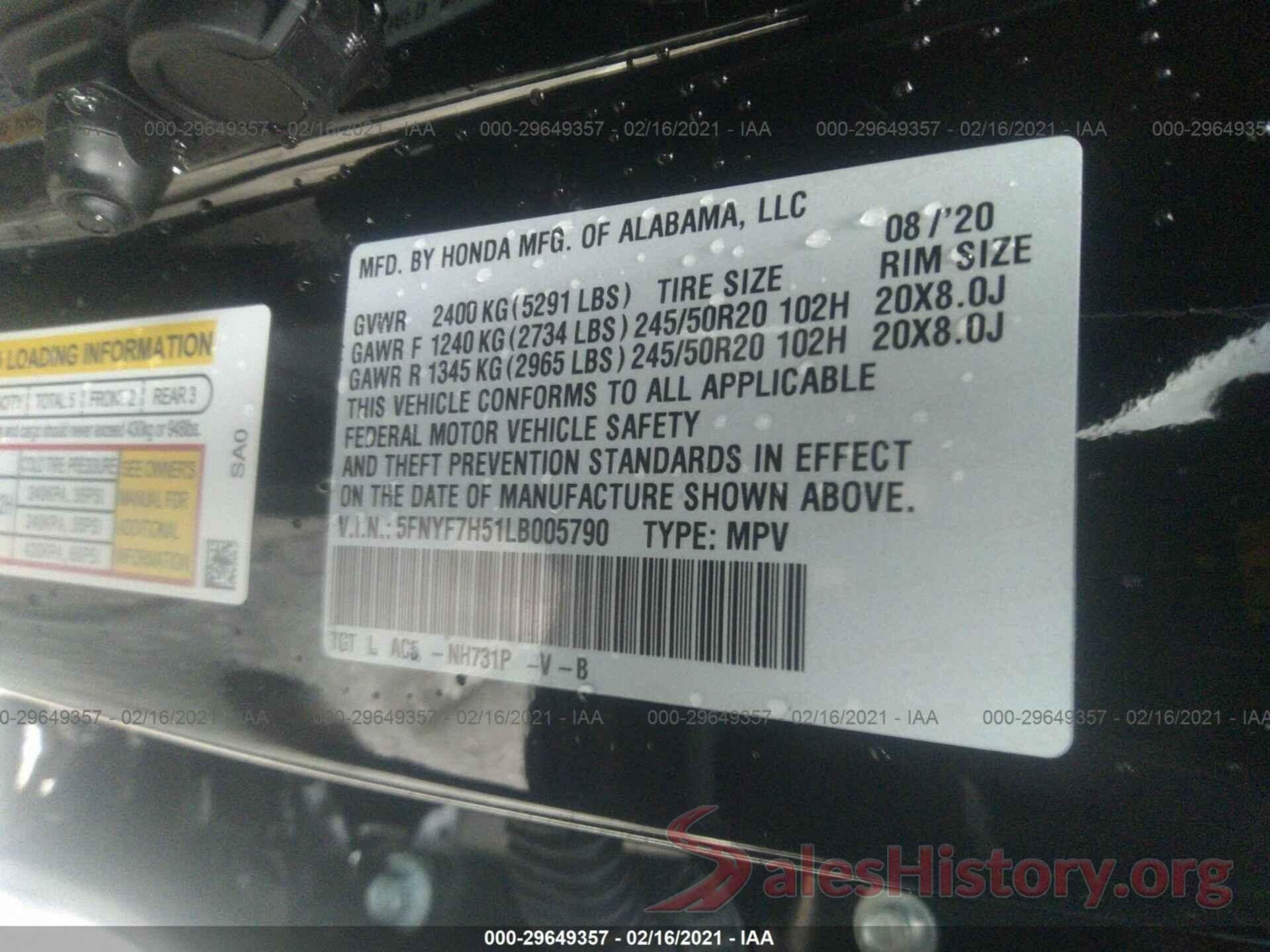 5FNYF7H51LB005790 2020 HONDA PASSPORT