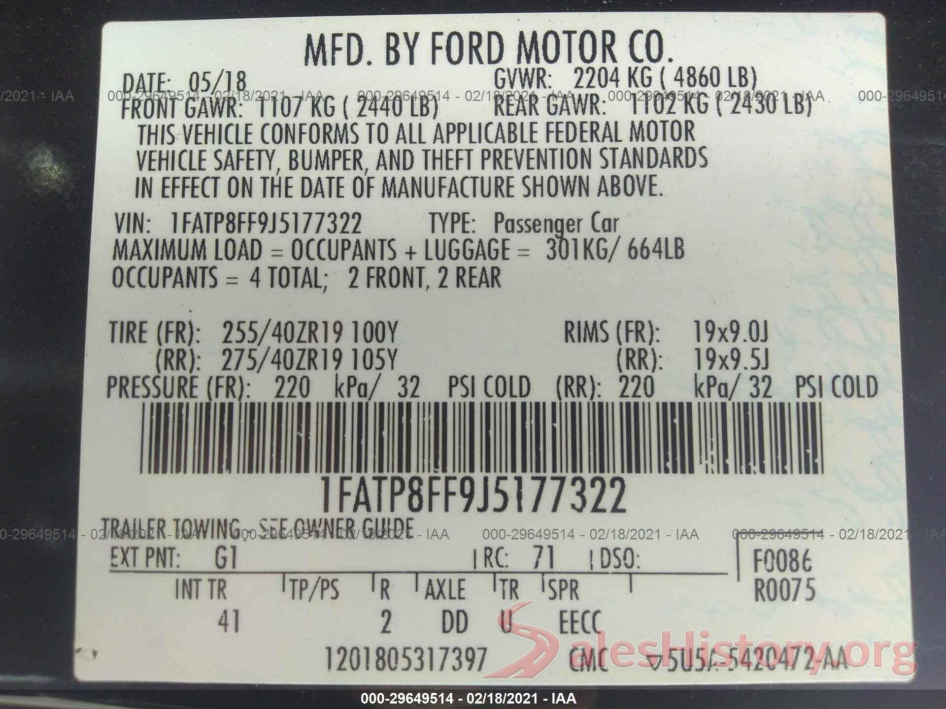 1FATP8FF9J5177322 2018 FORD MUSTANG