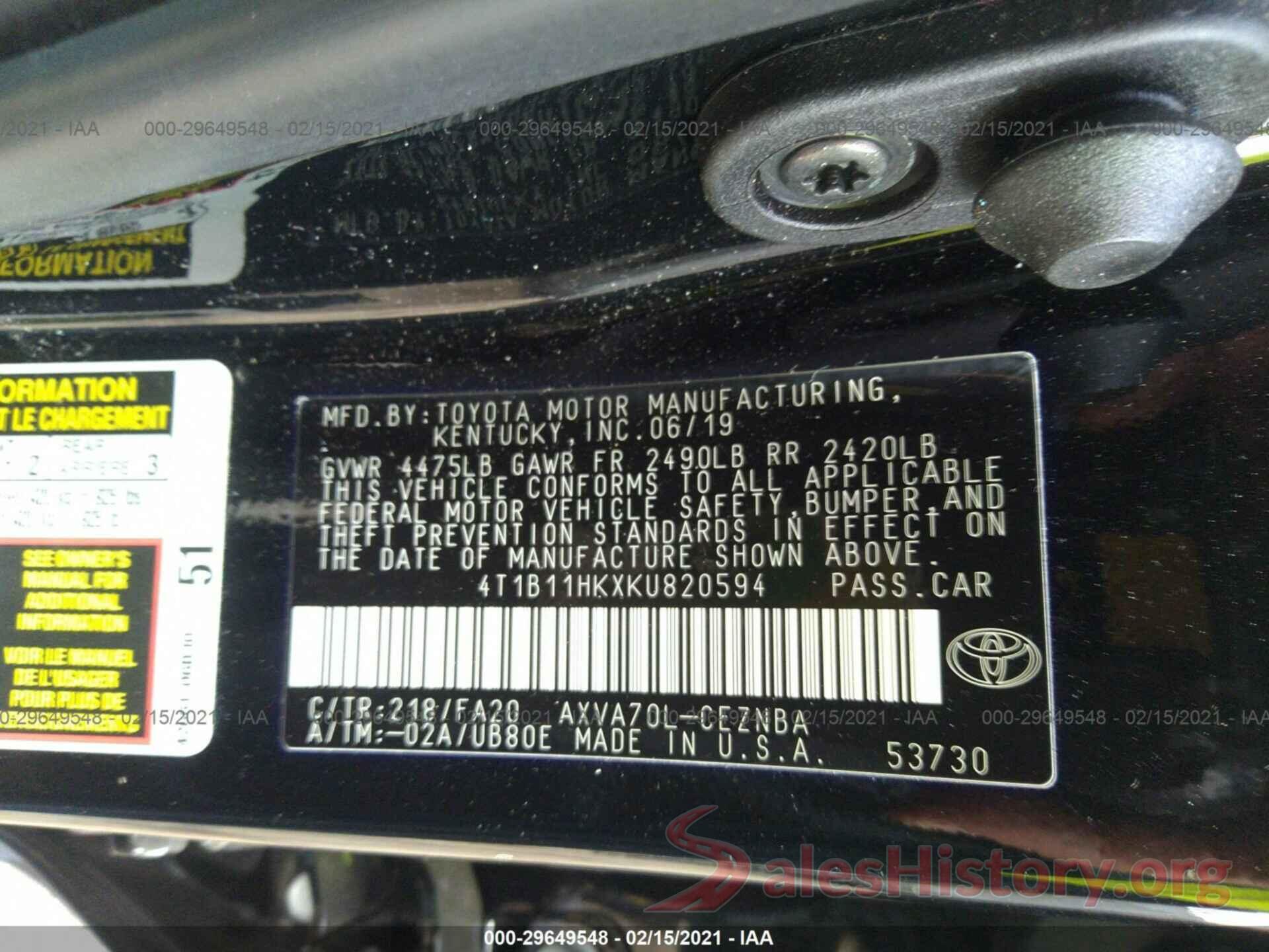 4T1B11HKXKU820594 2019 TOYOTA CAMRY