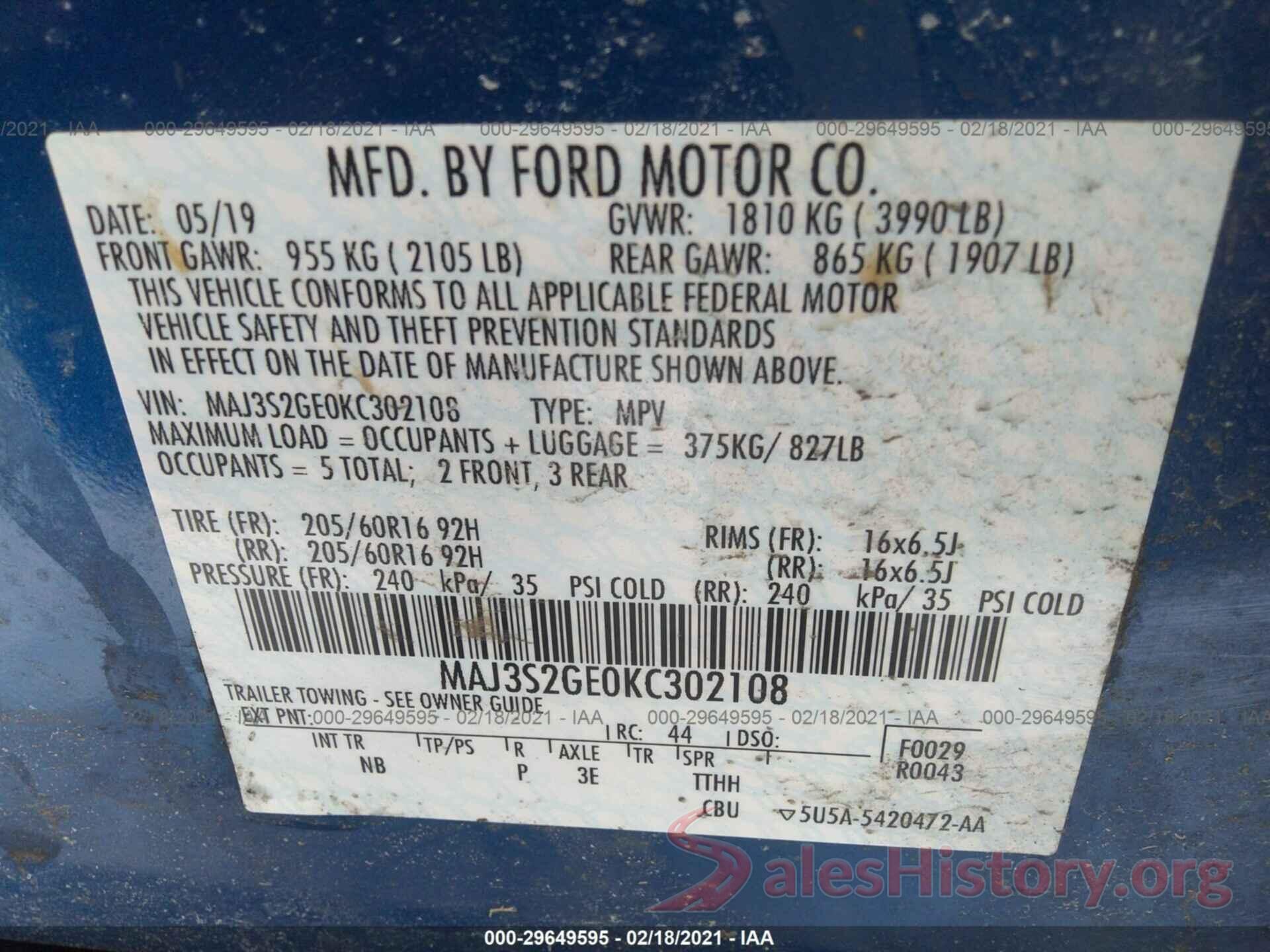 MAJ3S2GE0KC302108 2019 FORD ECOSPORT