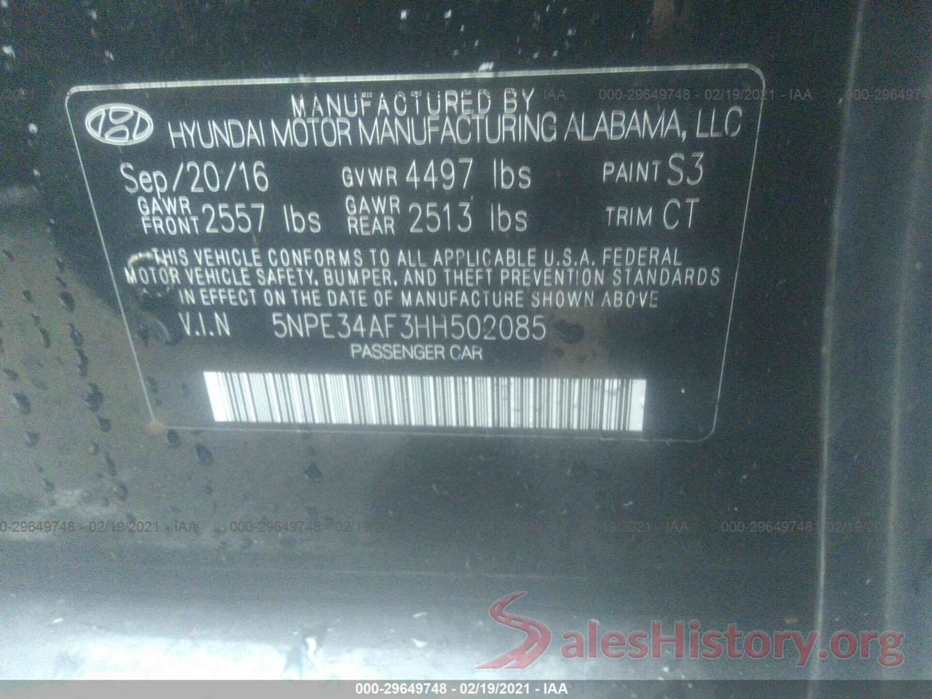 5NPE34AF3HH502085 2017 HYUNDAI SONATA