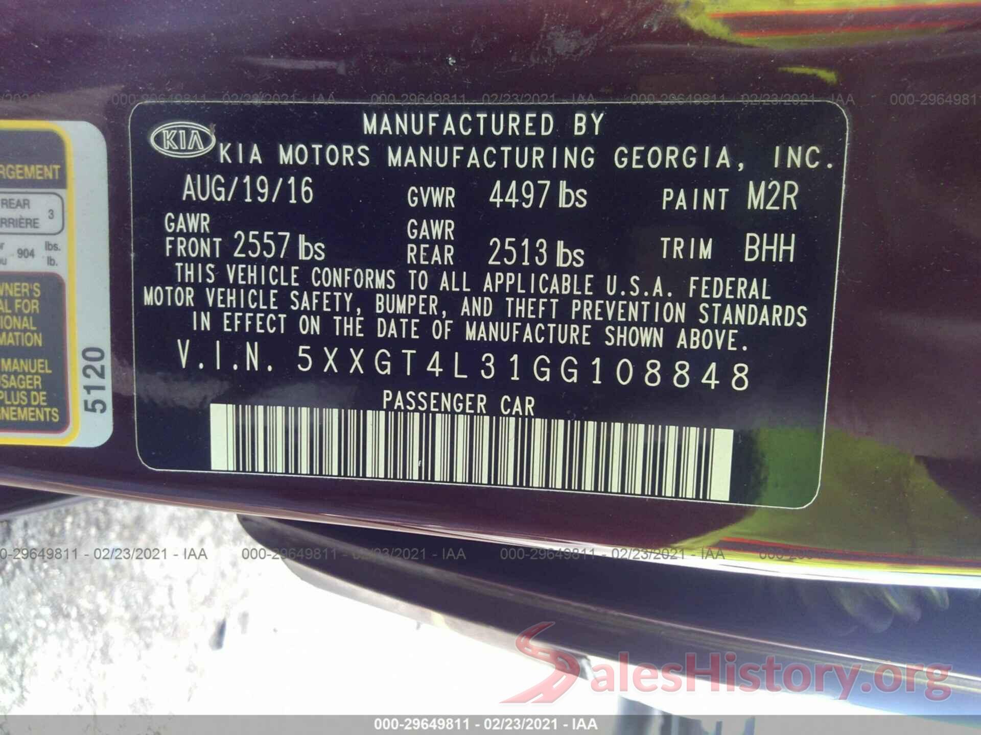 5XXGT4L31GG108848 2016 KIA OPTIMA