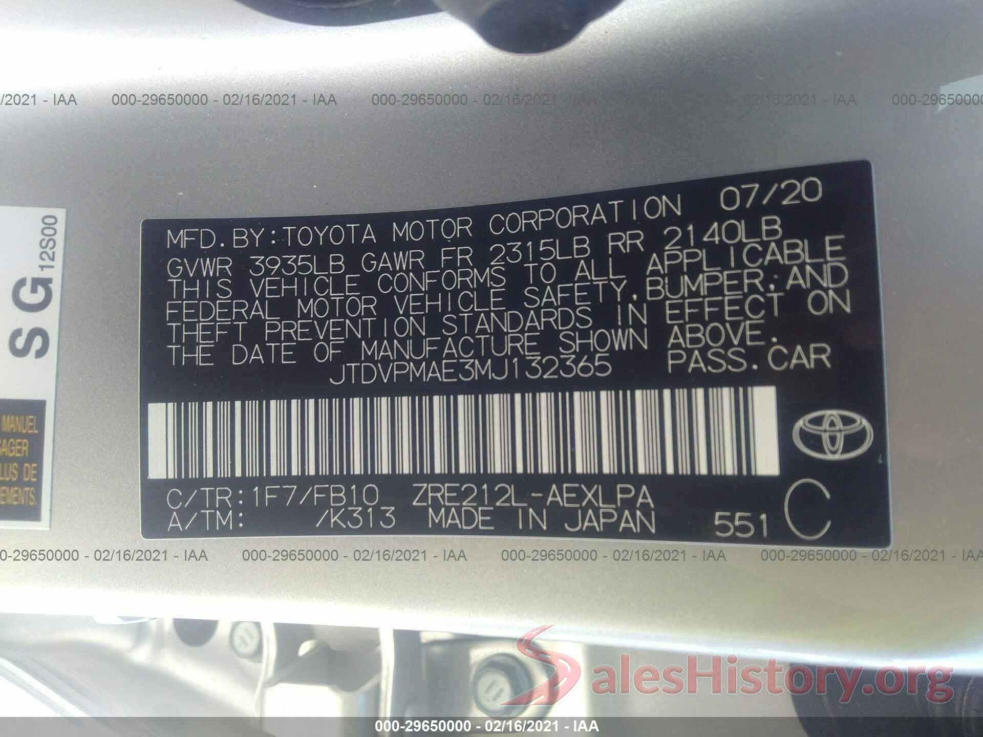 JTDVPMAE3MJ132365 2021 TOYOTA COROLLA