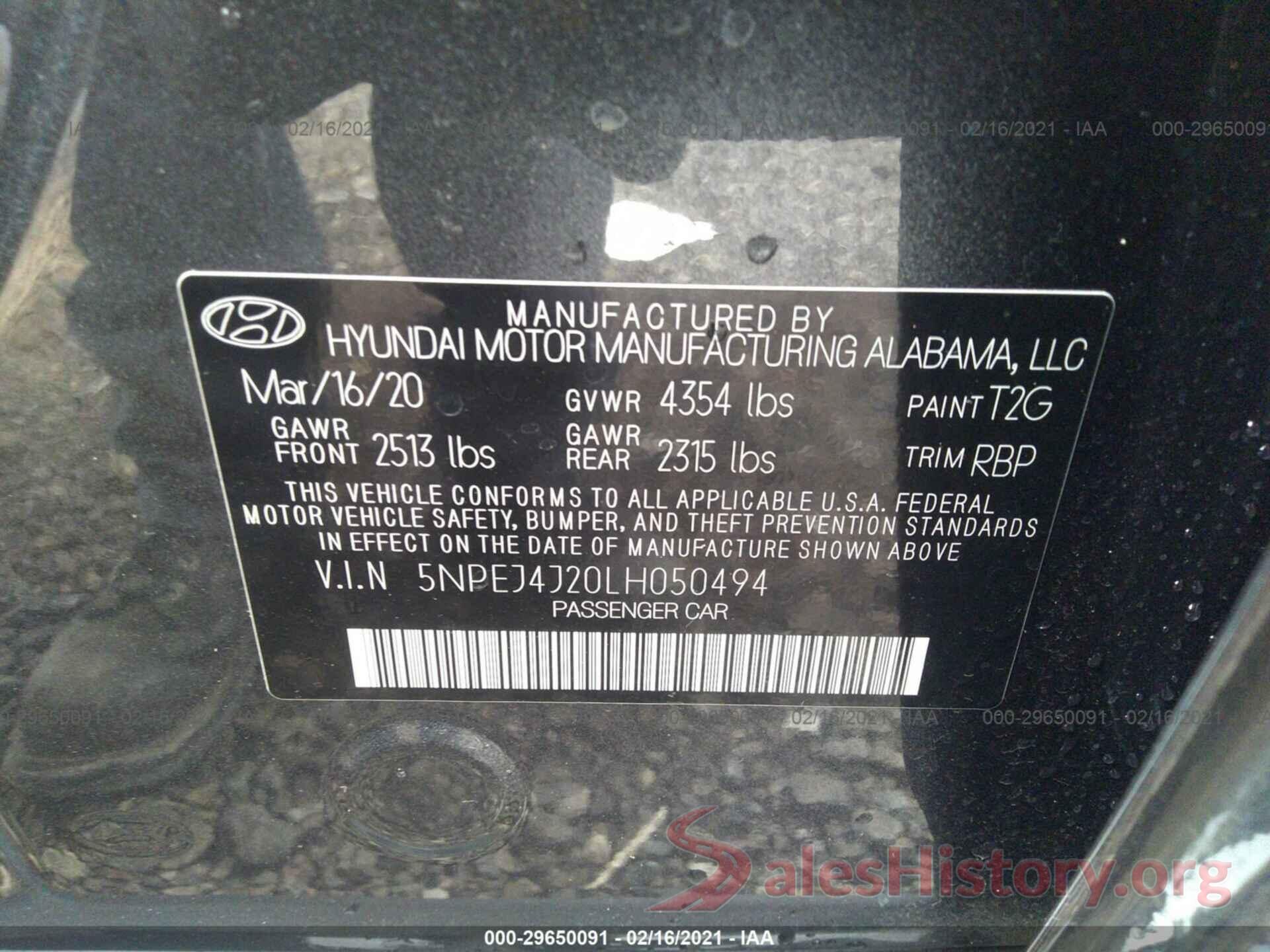 5NPEJ4J20LH050494 2020 HYUNDAI SONATA