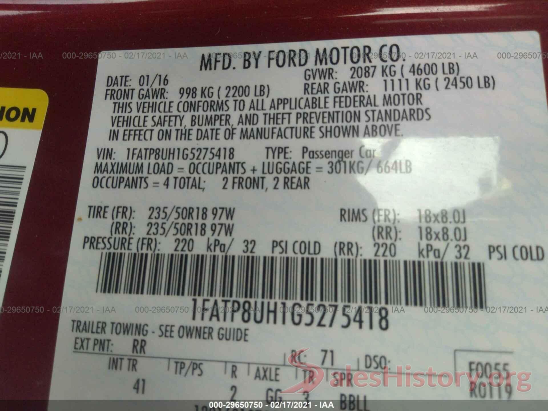 1FATP8UH1G5275418 2016 FORD MUSTANG