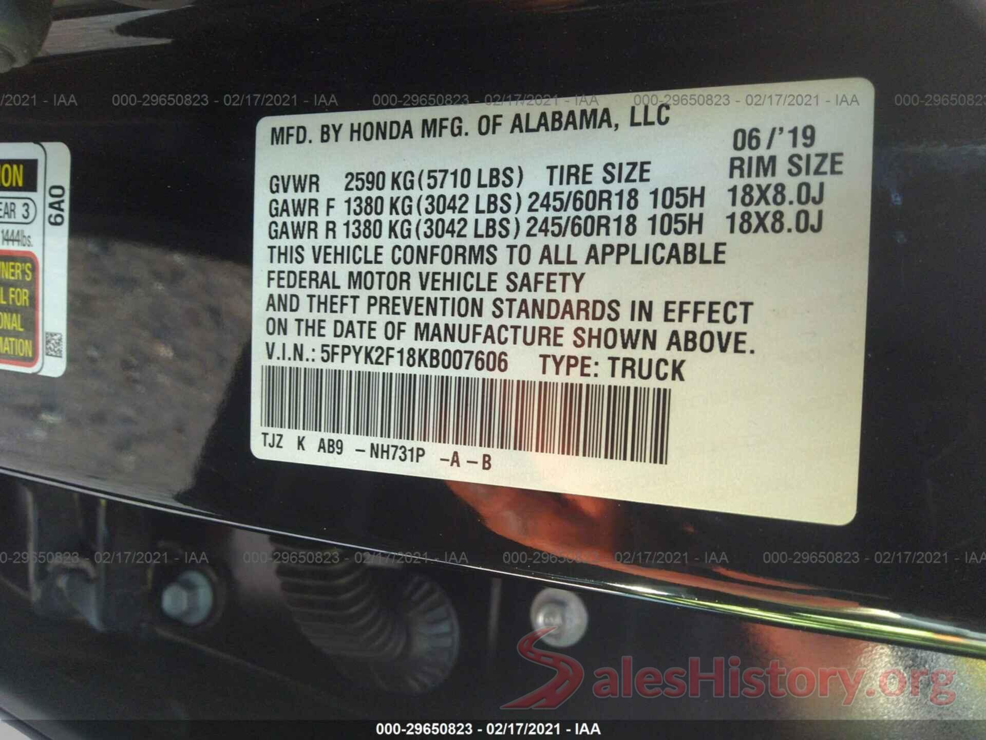 5FPYK2F18KB007606 2019 HONDA RIDGELINE