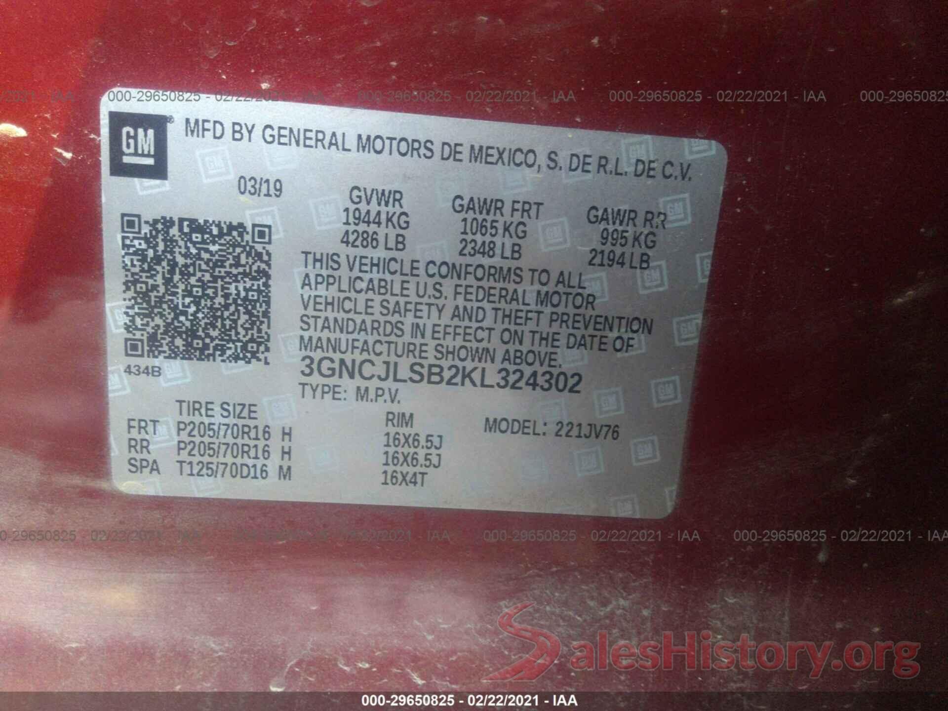 3GNCJLSB2KL324302 2019 CHEVROLET TRAX