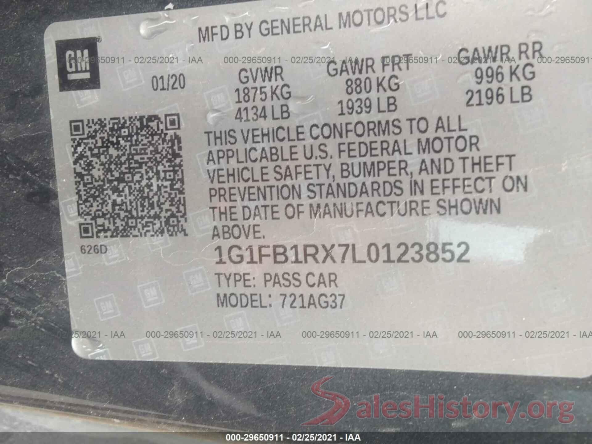 1G1FB1RX7L0123852 2020 CHEVROLET CAMARO