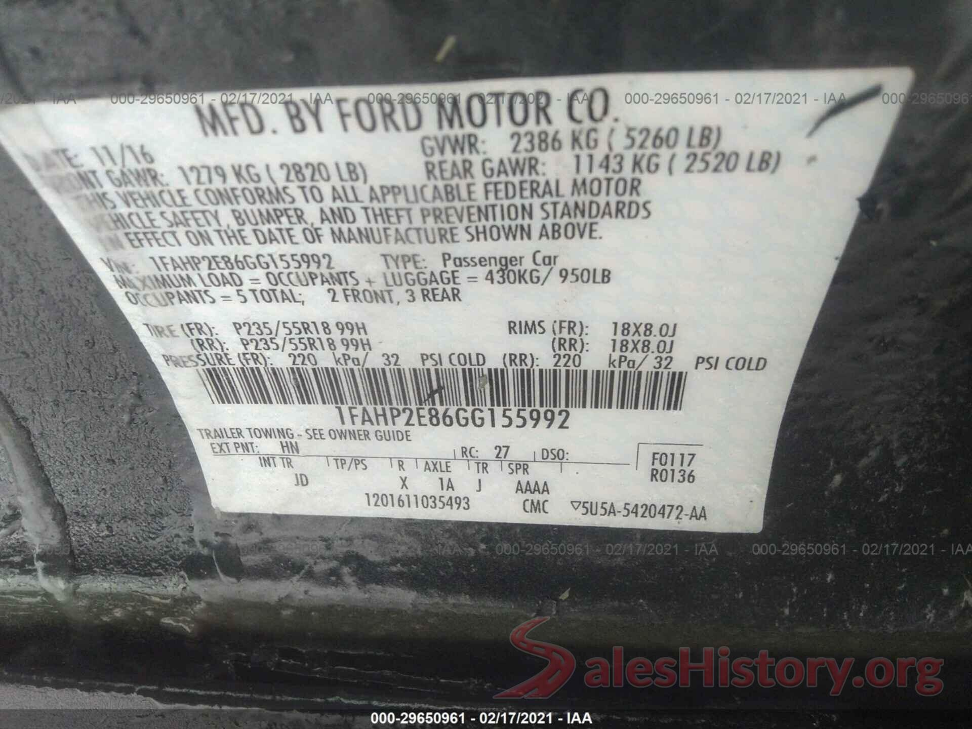 1FAHP2E86GG155992 2016 FORD TAURUS