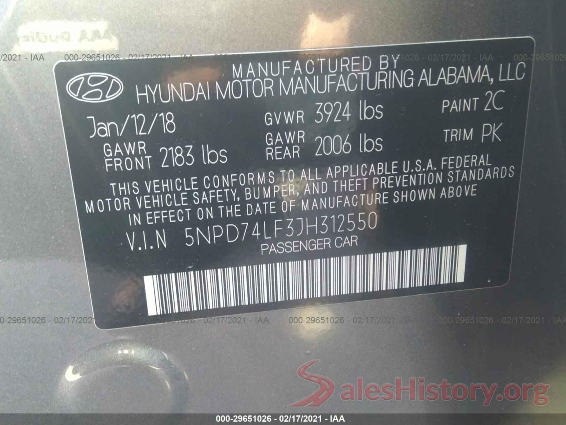 5NPD74LF3JH312550 2018 HYUNDAI ELANTRA