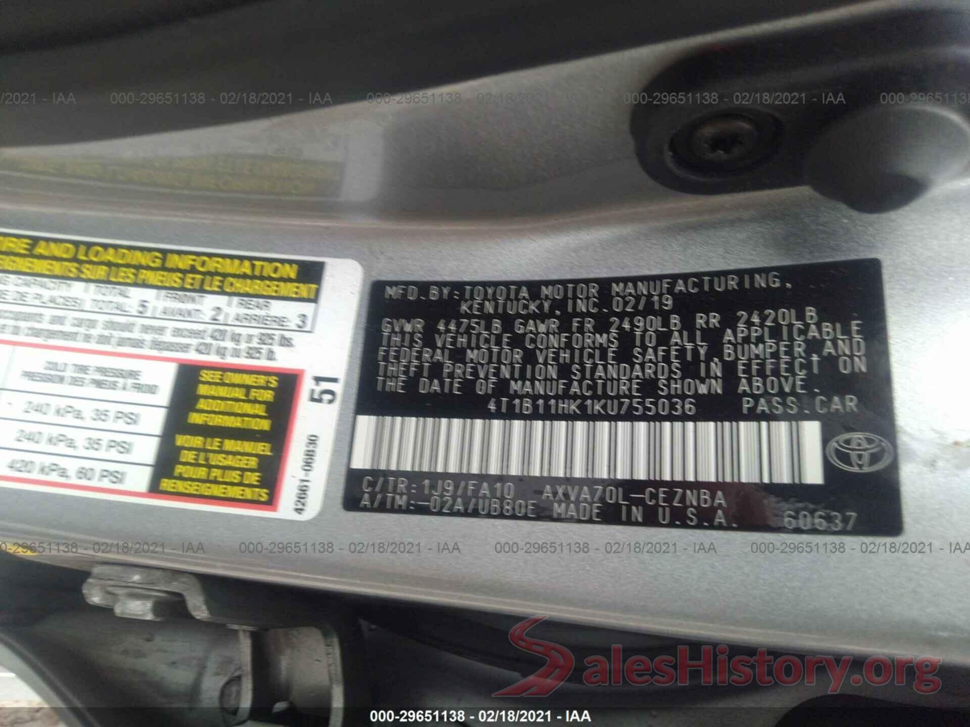 4T1B11HK1KU755036 2019 TOYOTA CAMRY