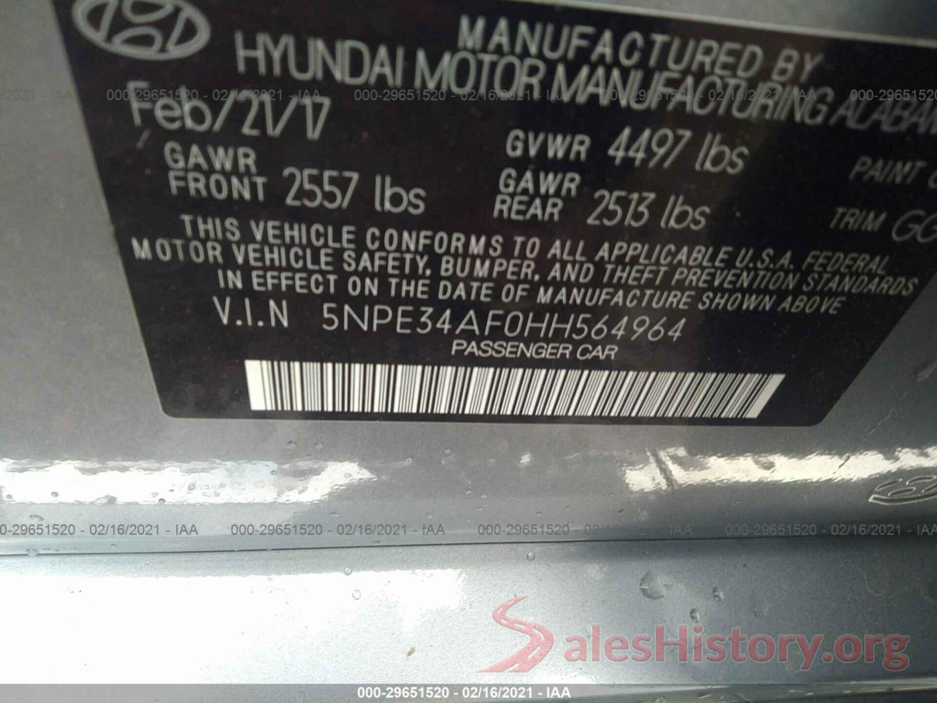 5NPE34AF0HH564964 2017 HYUNDAI SONATA