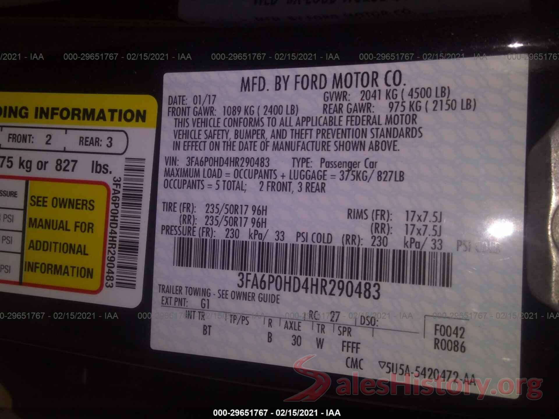 3FA6P0HD4HR290483 2017 FORD FUSION