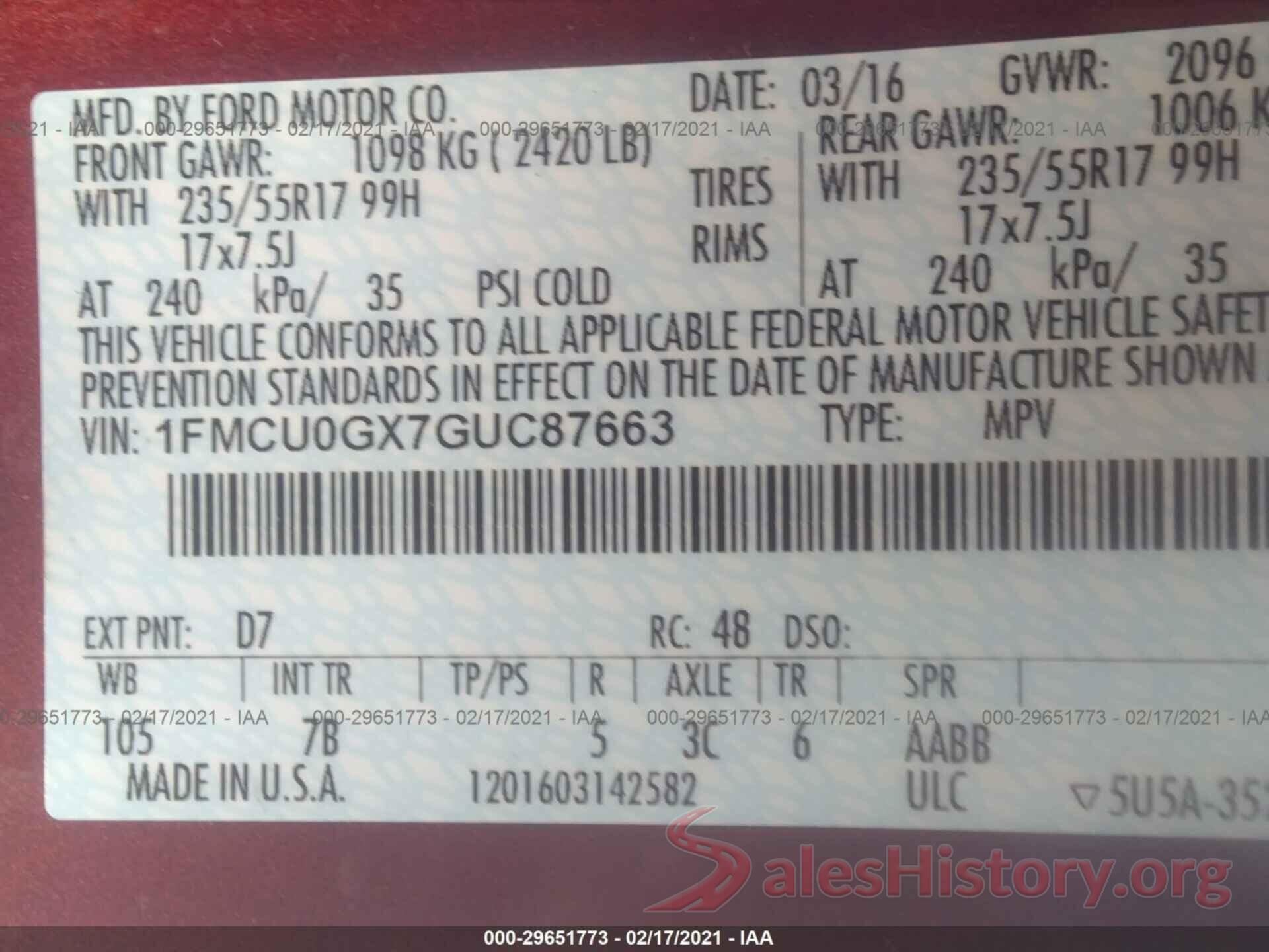 1FMCU0GX7GUC87663 2016 FORD ESCAPE