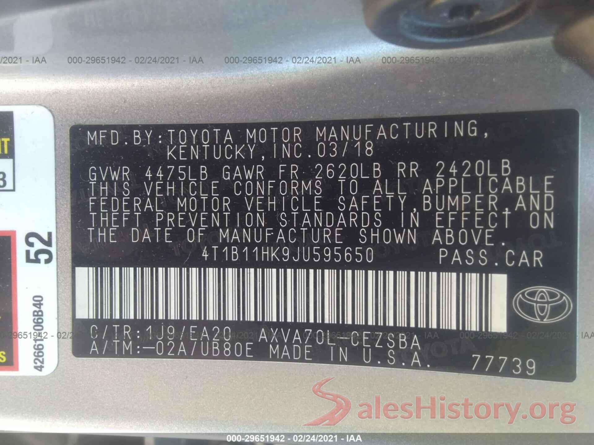 4T1B11HK9JU595650 2018 TOYOTA CAMRY