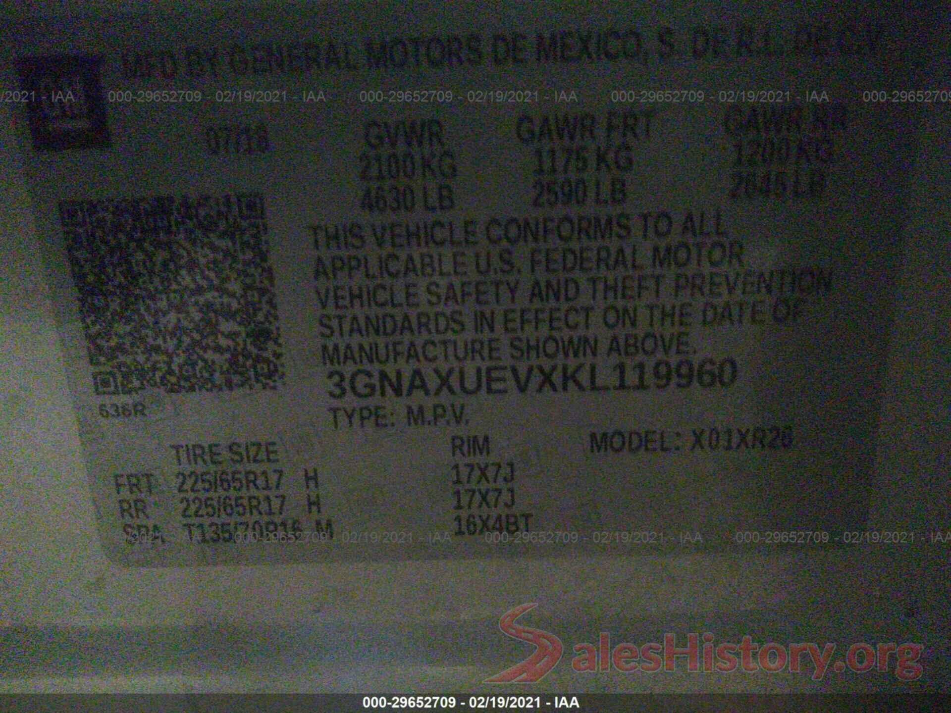 3GNAXUEVXKL119960 2019 CHEVROLET EQUINOX