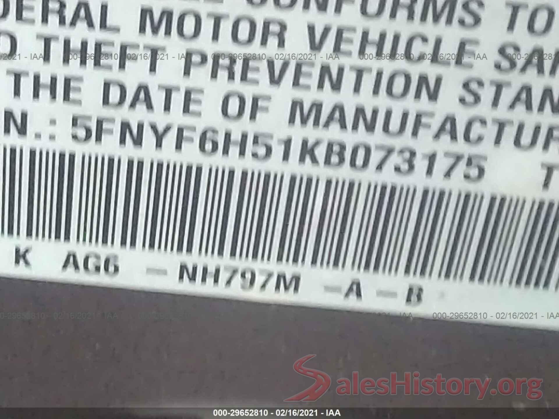 5FNYF6H51KB073175 2019 HONDA PILOT