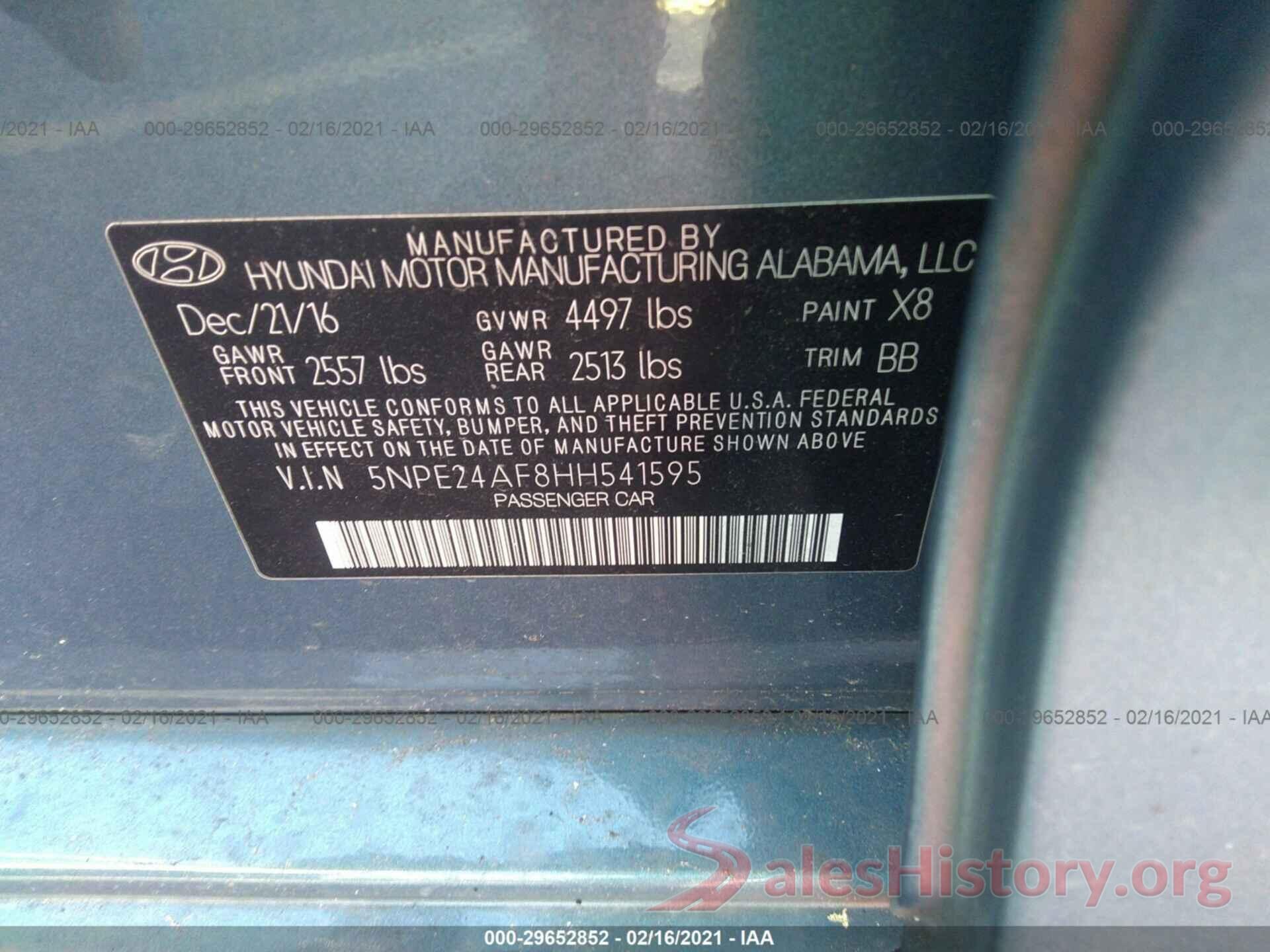 5NPE24AF8HH541595 2017 HYUNDAI SONATA