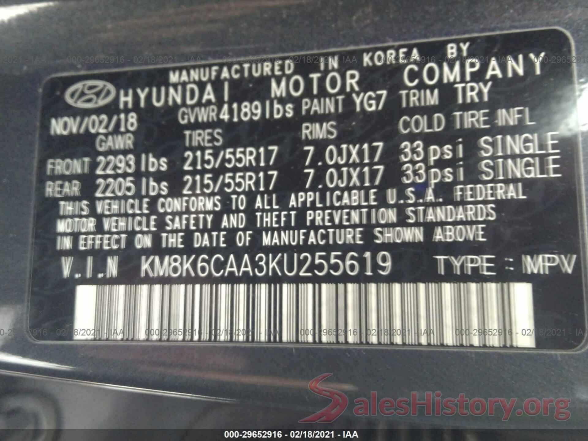 KM8K6CAA3KU255619 2019 HYUNDAI KONA