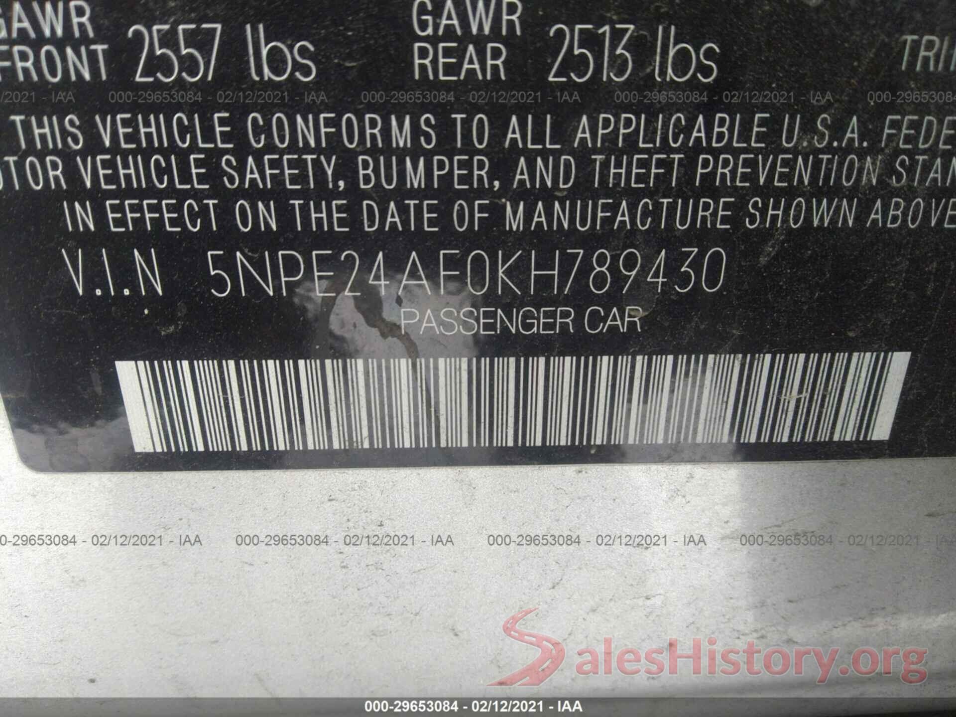 5NPE24AF0KH789430 2019 HYUNDAI SONATA