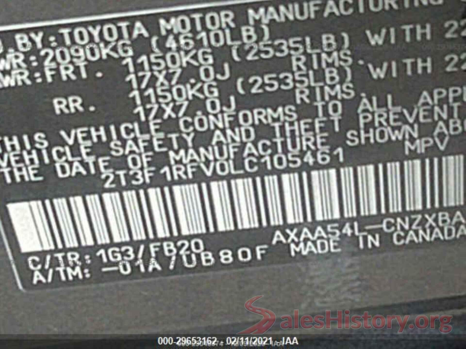 2T3F1RFV0LC105461 2020 TOYOTA RAV4