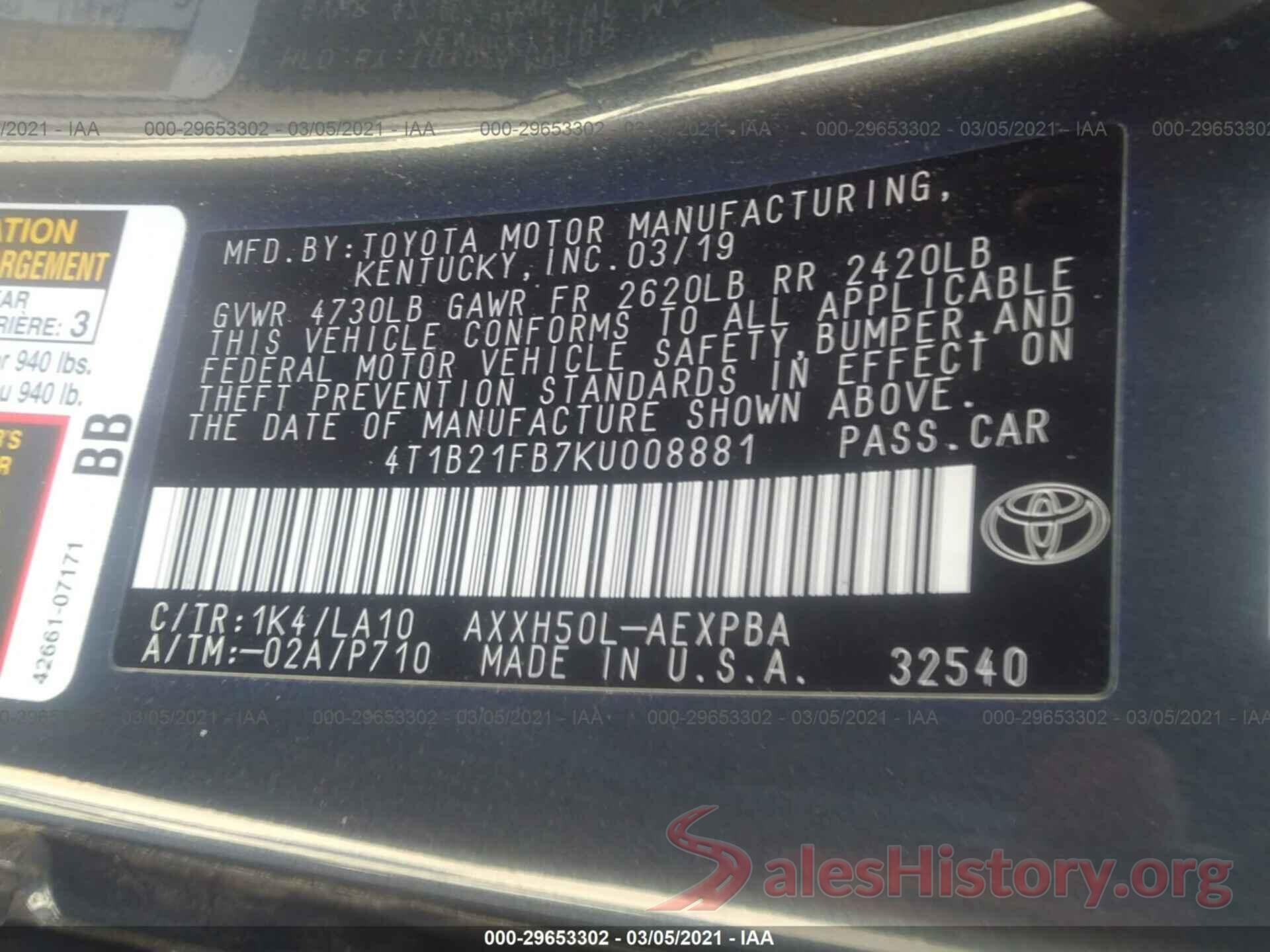 4T1B21FB7KU008881 2019 TOYOTA AVALON