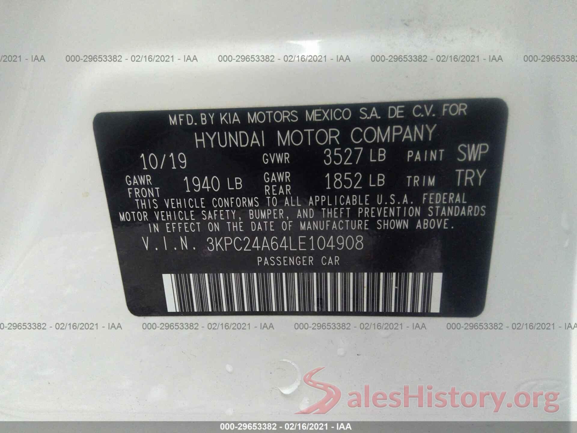 3KPC24A64LE104908 2020 HYUNDAI ACCENT