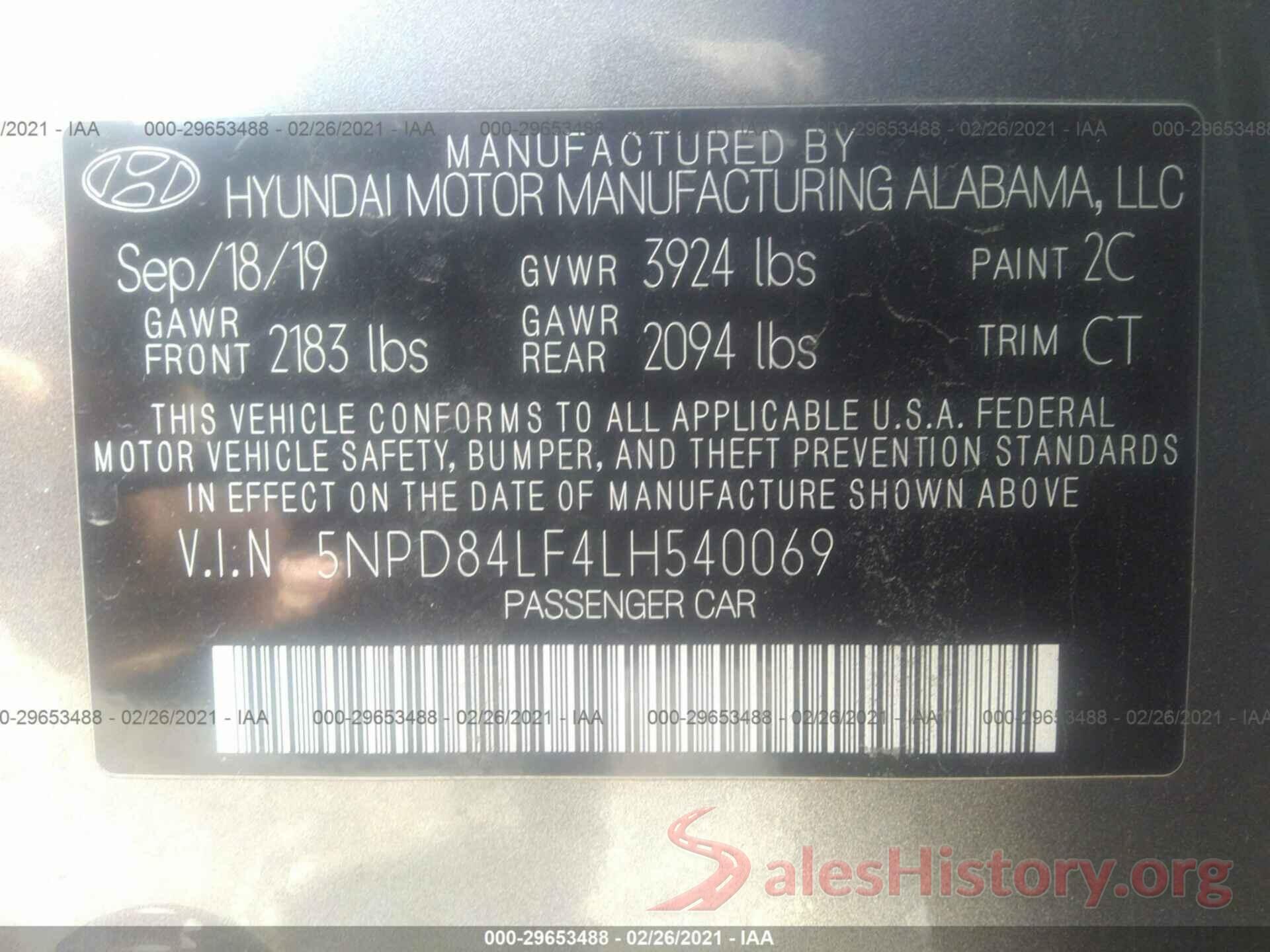 5NPD84LF4LH540069 2020 HYUNDAI ELANTRA