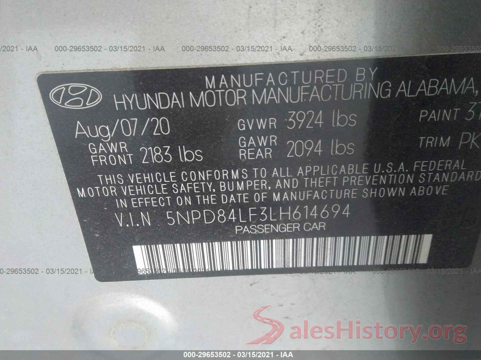 5NPD84LF3LH614694 2020 HYUNDAI ELANTRA