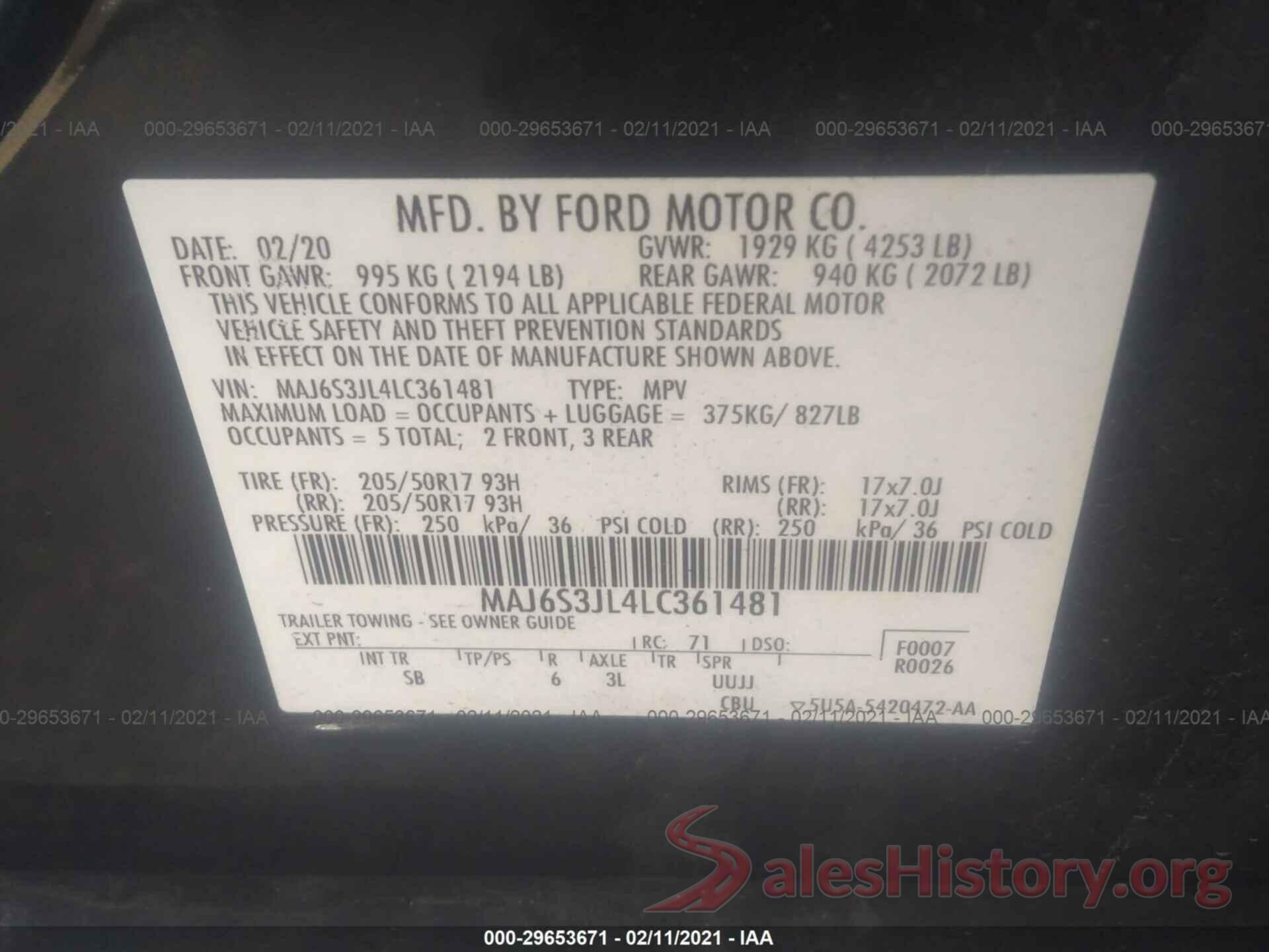 MAJ6S3JL4LC361481 2020 FORD ECOSPORT