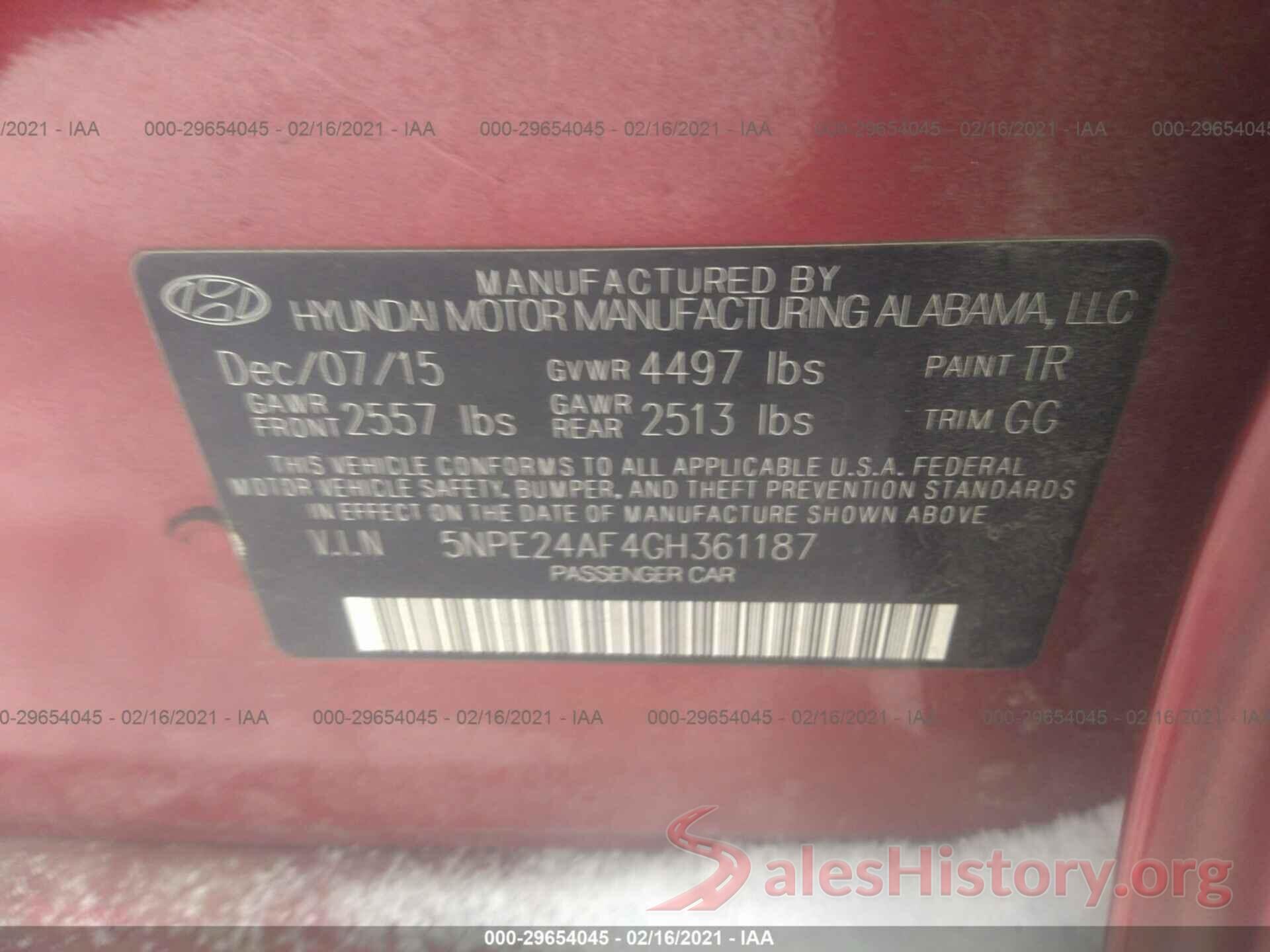 5NPE24AF4GH361187 2016 HYUNDAI SONATA